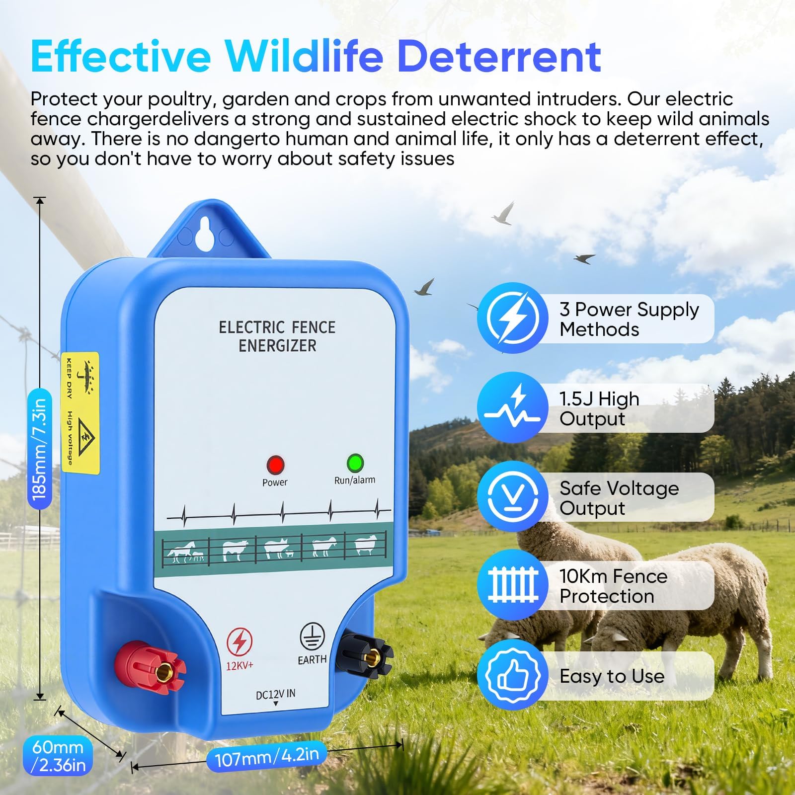 3KM Elettrificatore per Recinto Elettrico, 2J Recinzione Recinto Elettrica per Animali, LED Elettrificatore Recinzione Elettrica, per Galline Pecore Maiali Volpi & Azienda Agricola Pascolo Giardino
