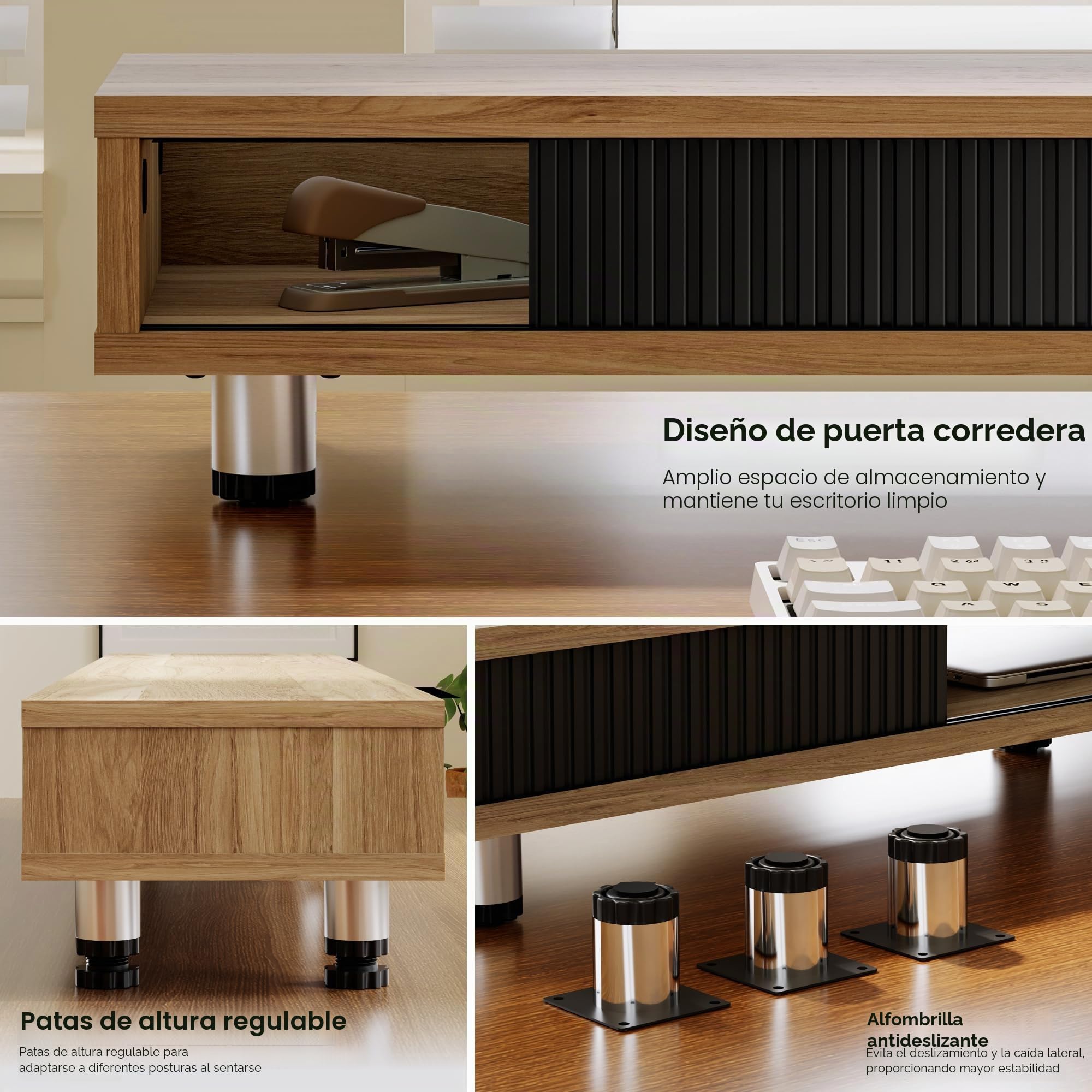 Fenge Elevador de Monitor con Puerta Corredera De Cristal Roble Oscuro | Altura Regulable,Elevador de Monitor,108×23,5×(15,2-16,7)cm Carga Máxima 45 kg