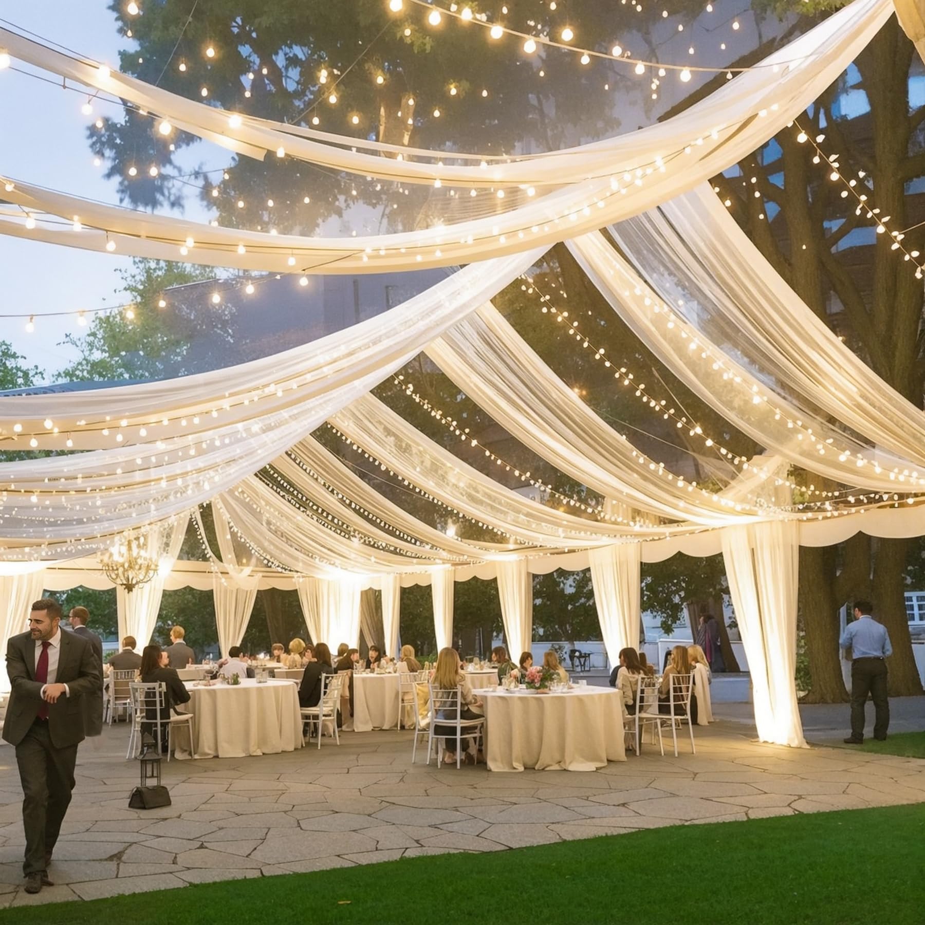 Ivory Ceiling Drapes with Lights String for Weddings, 6 Panels 5ftx20ft Sheer Tulle Backdrop Photo Background Drapes for Wedding Ceremony Birthday