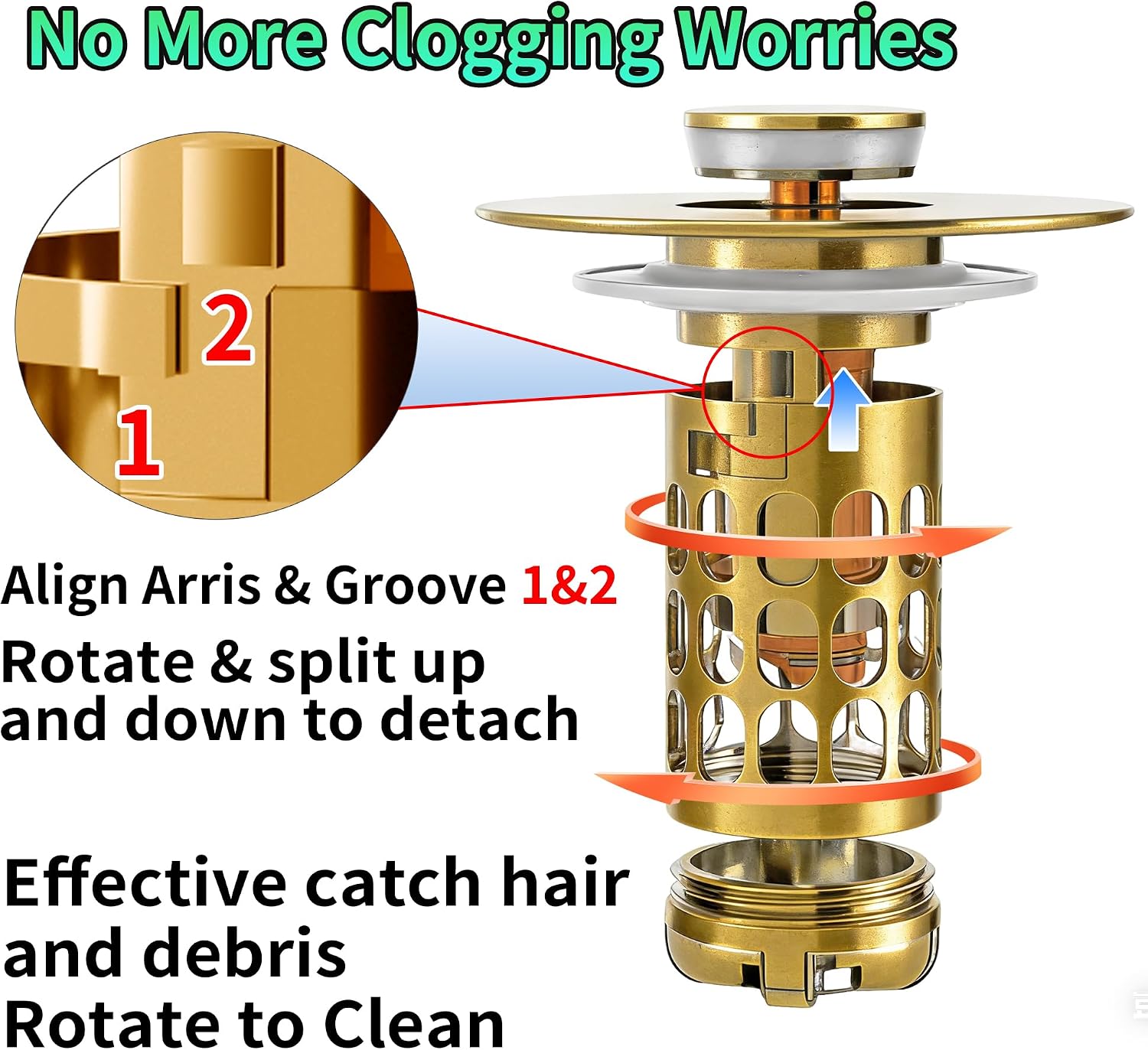 3 in 1 Bathroom Sink Drain Strainer,Universal Bathroom Sink Stopper Hair Catcher,with Filter Basket to Anti-Clogging Easy Install Sink Plug Drain Catcher for 1.05”~1.65” Drain Hole