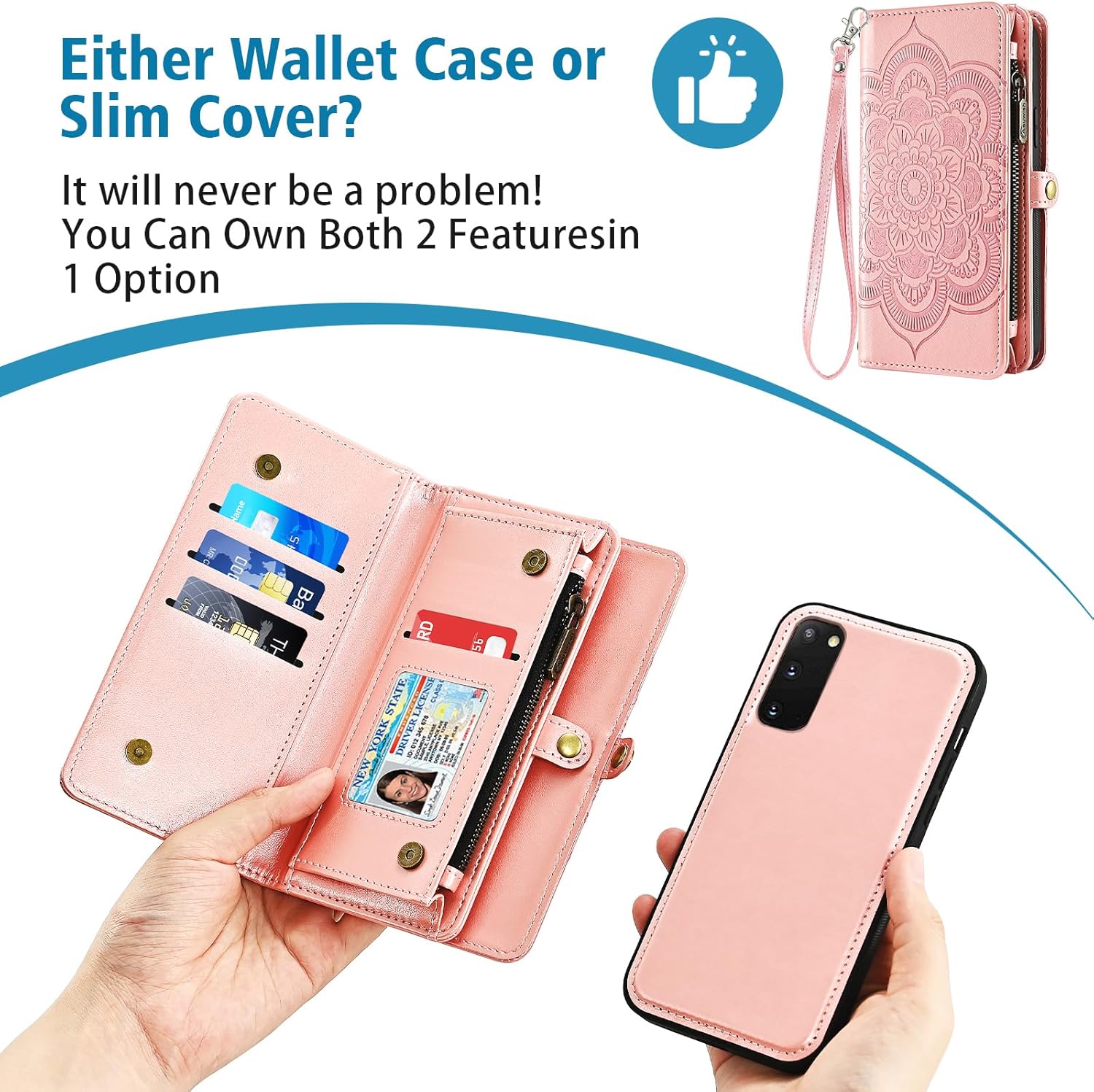 Asuwish Phone Case for Samsung Galaxy S20 5G 6.2 inch Zipper Wallet Detachable Cell Cover with Tempered Glass Screen Protector Strap Mandala Flower Card Holder S 20 20S UW S2O G5 Women Girls Rose Gold