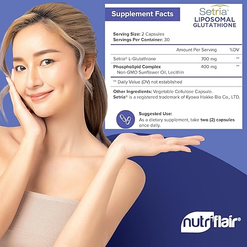 Miniatura 4 de NutriFlair Glutatión liposomal Setria® 700 mg - Pure reductasa, estable, activa forma L glutatión reductasa (GSH), absorción mejorada, antioxidante