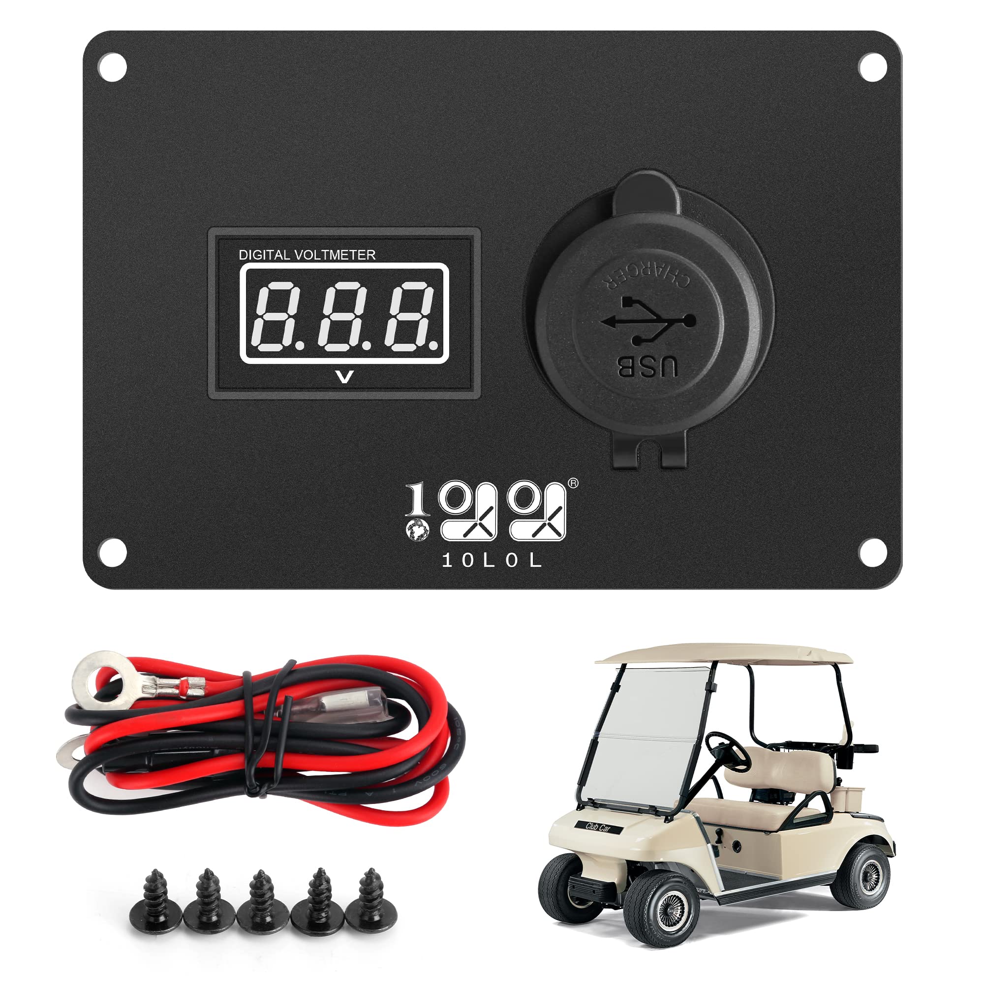 10L0L Golf Cart 2 in 1 Dash Console Panel for Club Car DS Electric Models, Includes Digital Battery Voltmeter and 3.0 Fast Charge Dual USB Sockets