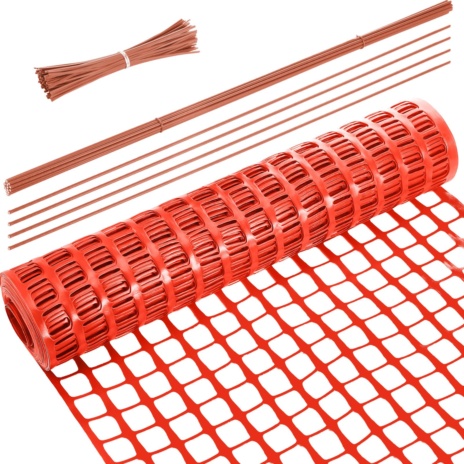 Plastic Garden Fencing Roll Safety Construction Barrier Outdoor Snow Mesh Fence Garden Netting, 1.2 Inch Mesh, Coated Iron Wire Support Stakes, Cable Ties for Garden (Orange,2 x 100 Feet)