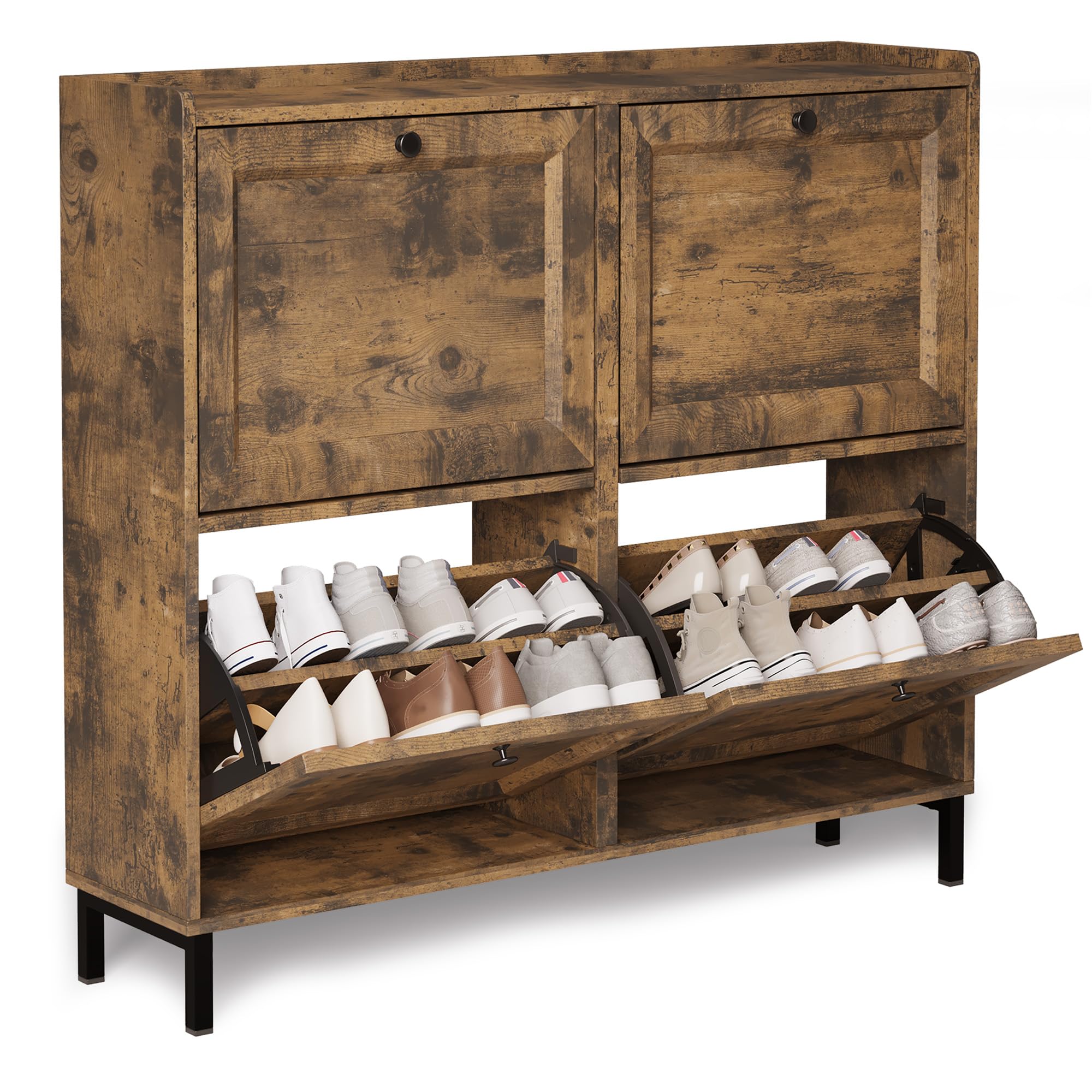 Armadietto Scarpe per Ingresso con 4 Ante a Ribalta, Capienza 16-24 Paia di Scarpe, per Corridoio, Spazi Piccoli, Soggiorno, 99x24x91 cm, Retrò, Bianco