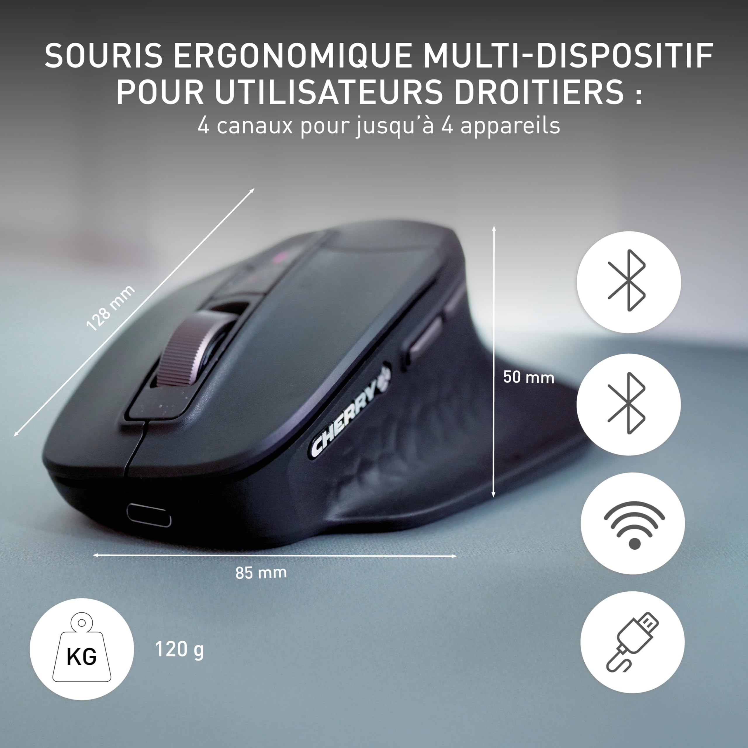 CHERRY Stream Mouse Ultimate, Souris Ergonomique Multi-Appareils, Bluetooth, 2,4 GHz et Filaire, Molette de Défilement Personnalisable, pour Droitiers, Noir
