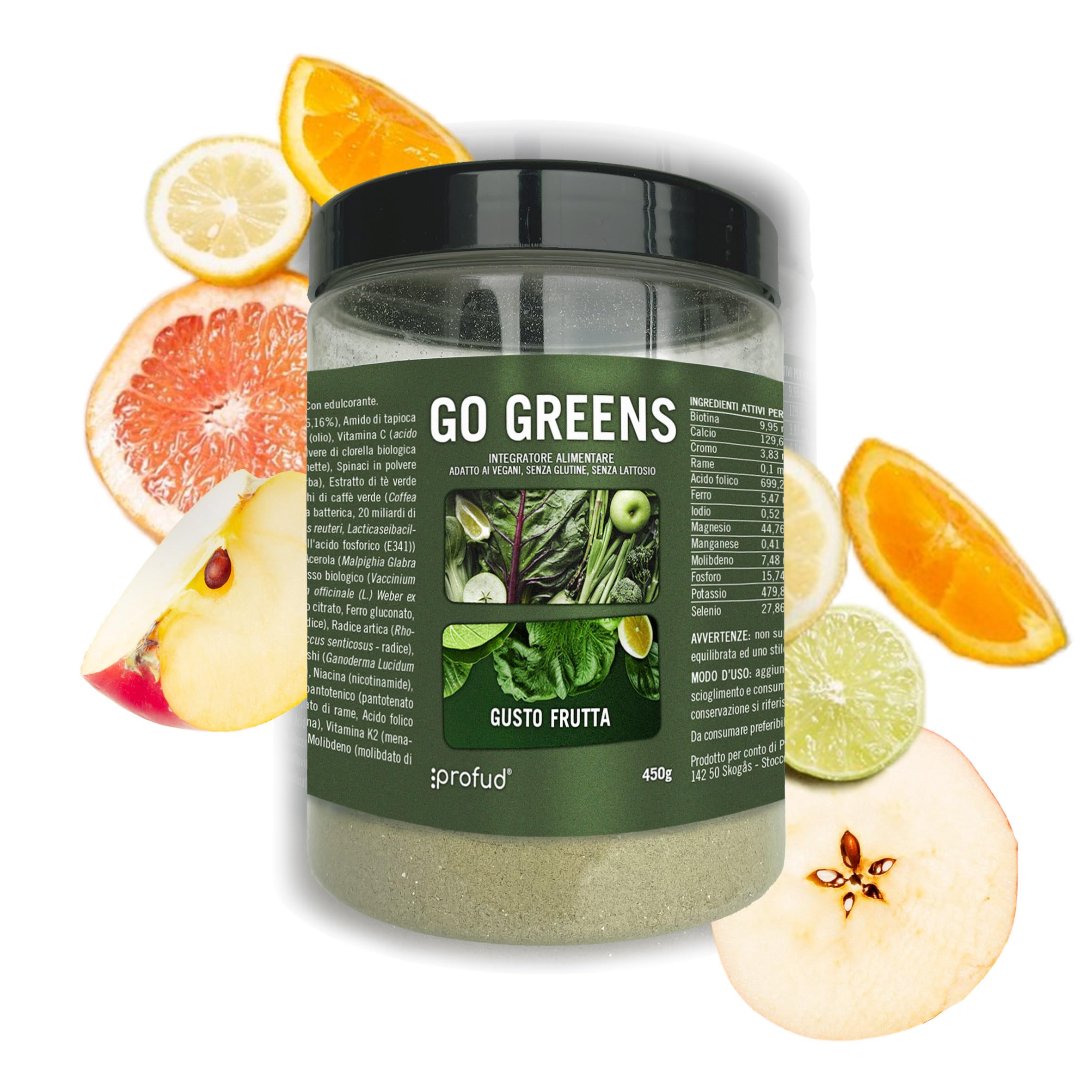 PROFUD - Go Greens | Super Green 61 Ingredienti | Antiossidanti e Superfood | Complesso Flora Batterica 20 Miliardi UFC/g | Proteine Plant Based | Vegan, Senza Glutine, 450g