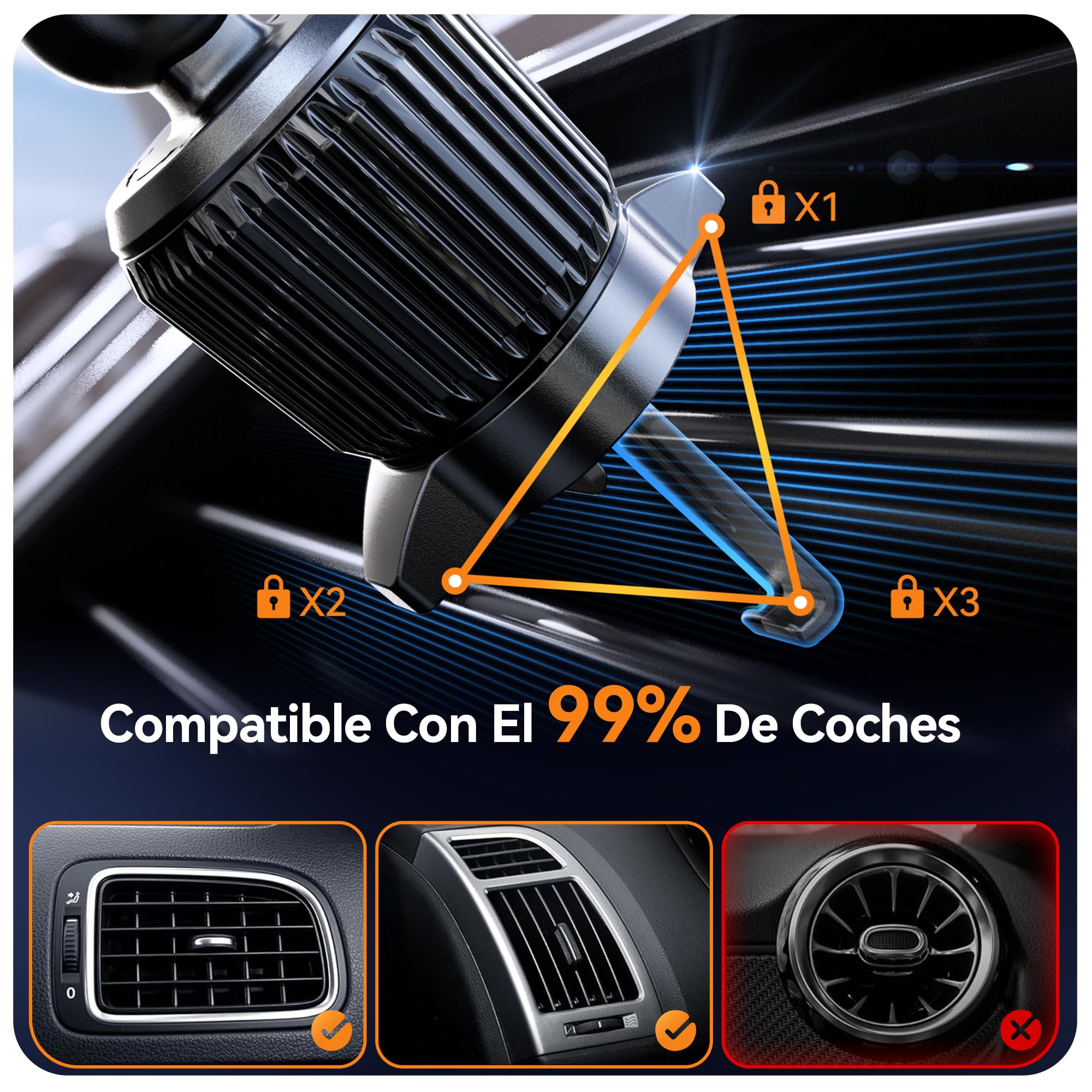 Auckly Cargador Inalámbrico Coche de 15W, [Agarre Automático 270°], Soporte Movil Coche Cargador, Rejilla de Ventilación, para iPhone 11 12 13 14 15 16 & Samsung S22 S23 S24, Carga Rápida, Negro