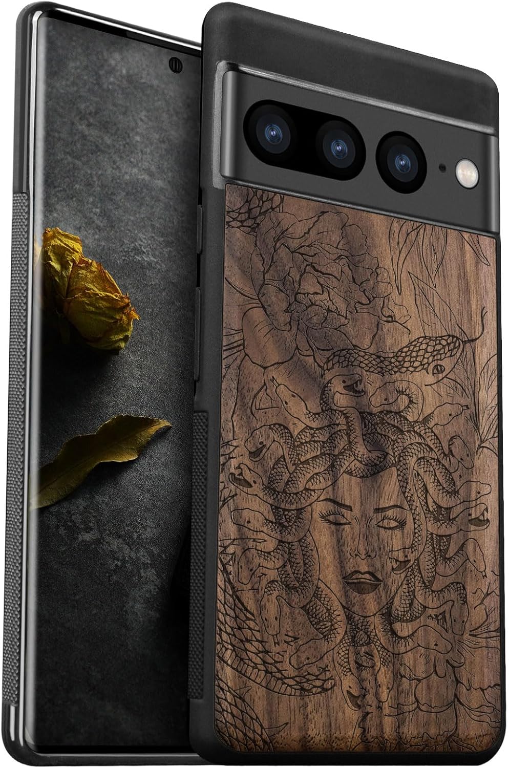Carveit Wood Case for Pixel 7 Pro Case [Natural Wood & Black Soft TPU] Shockproof Protective Unique Wooden Cover Compatible with Google Pixel 7 Pro (The Owl Tapestry-Rosy)