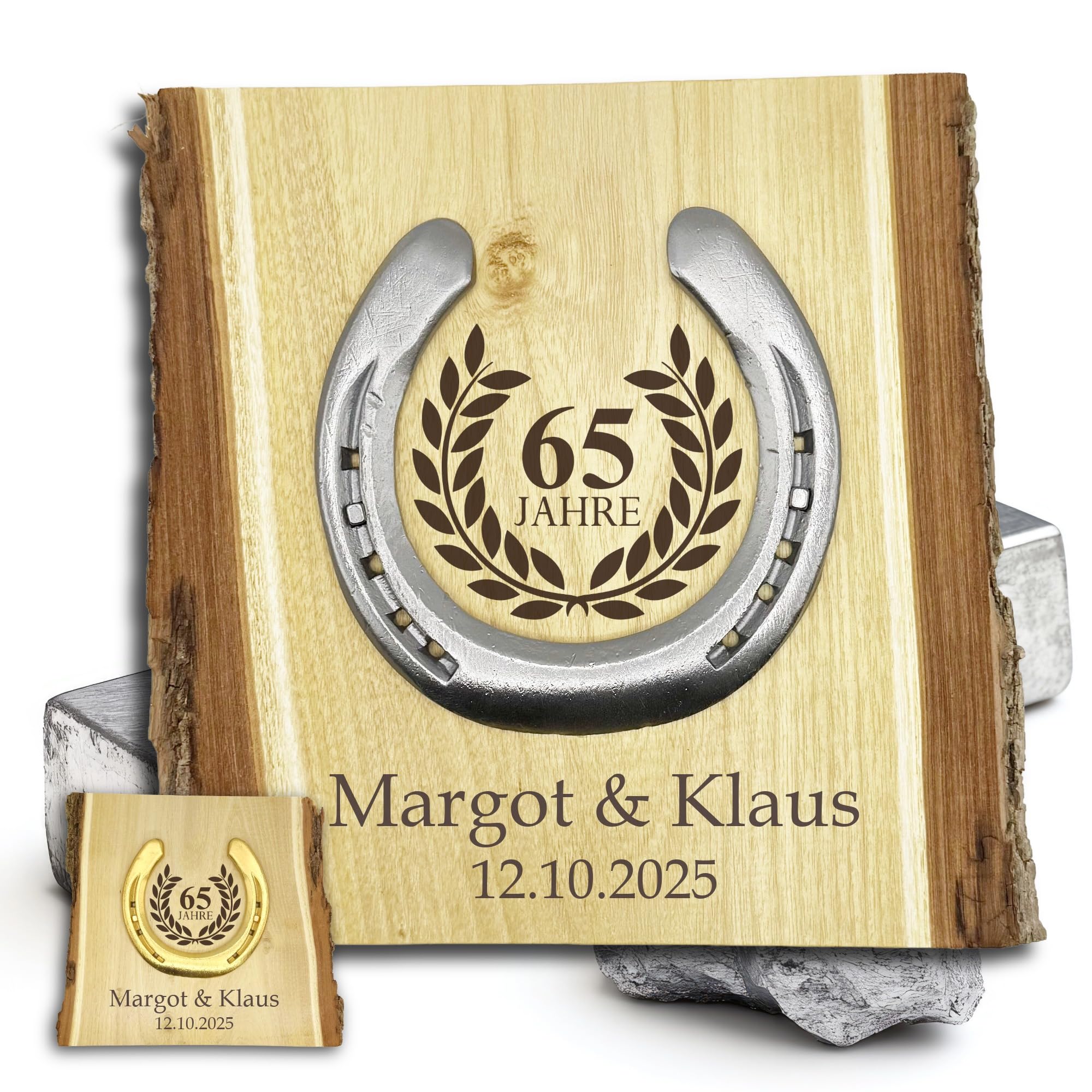 Glückshufeisen Holz, Eiserne Hochzeit 65 Jahre, personalisiert