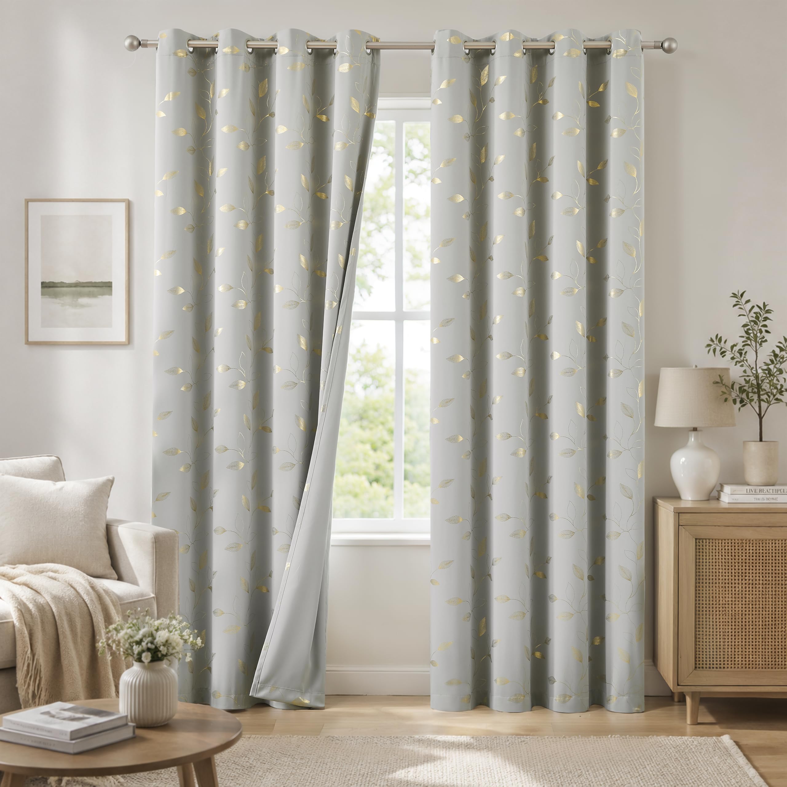 Bujasso Grey Blackout Curtains Print Golden Leaf Patterned 54"x72" Grommet