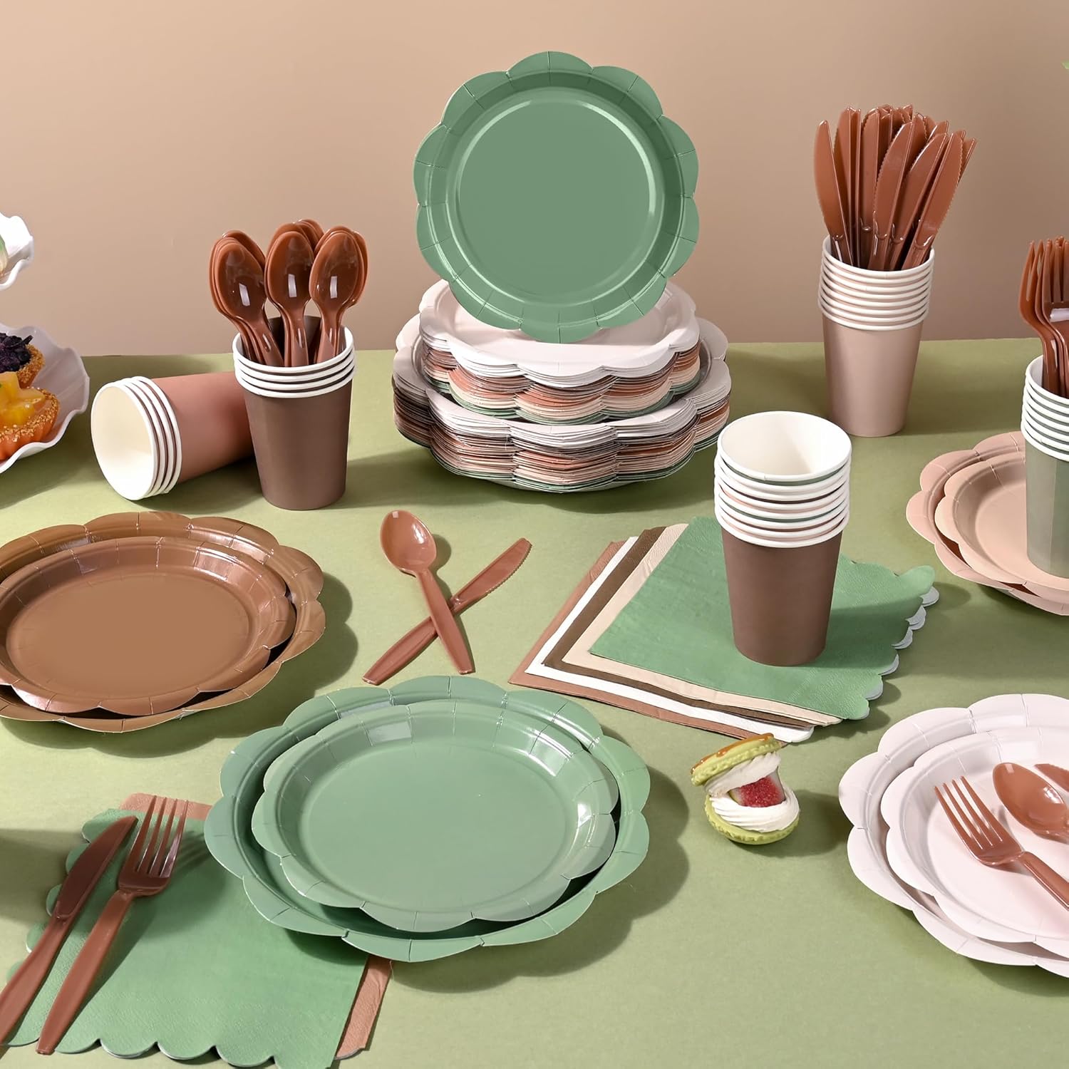 350 Pcs Woodland Baby Shower Party Supplies Set - Sage Green and Brown Paper Plates and Napkins Set Include Scalloped Paper Plate Napkin Cup Spoon Fork Knife for Safari Jungle Baby Shower Decorations