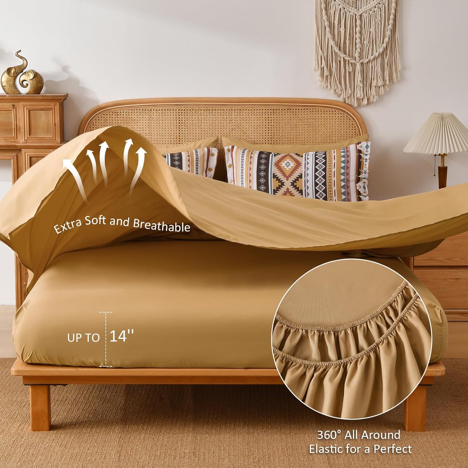 Dinjoy Beige Brown Boho Comforter Set Queen Size,7 Pieces Bed in a Bag Queen Khaki Aztec Bedding with Sheets Bohemian Geometric Striped Complete Set for Fall Winter 90"×90" - Image 4