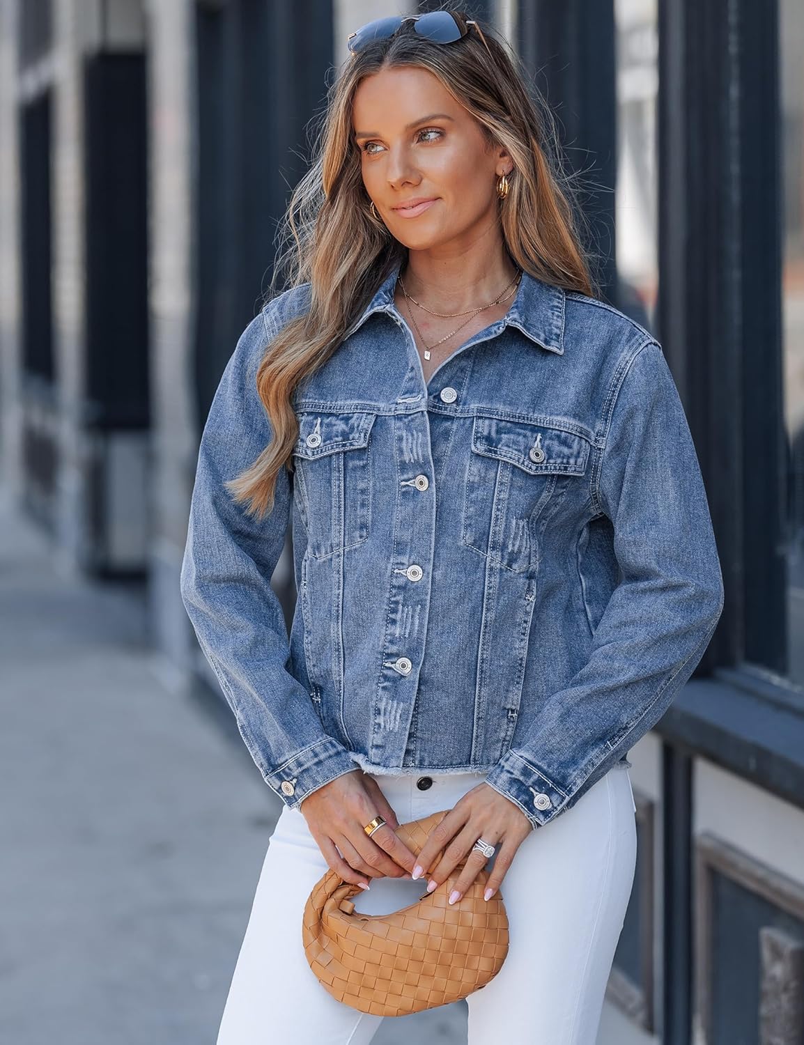 luvamia Denim Jacket for Women Distressed Jean Jackets Button Up Vintage Western Trucker Jacket Frayed Hem Pockets - Image 8