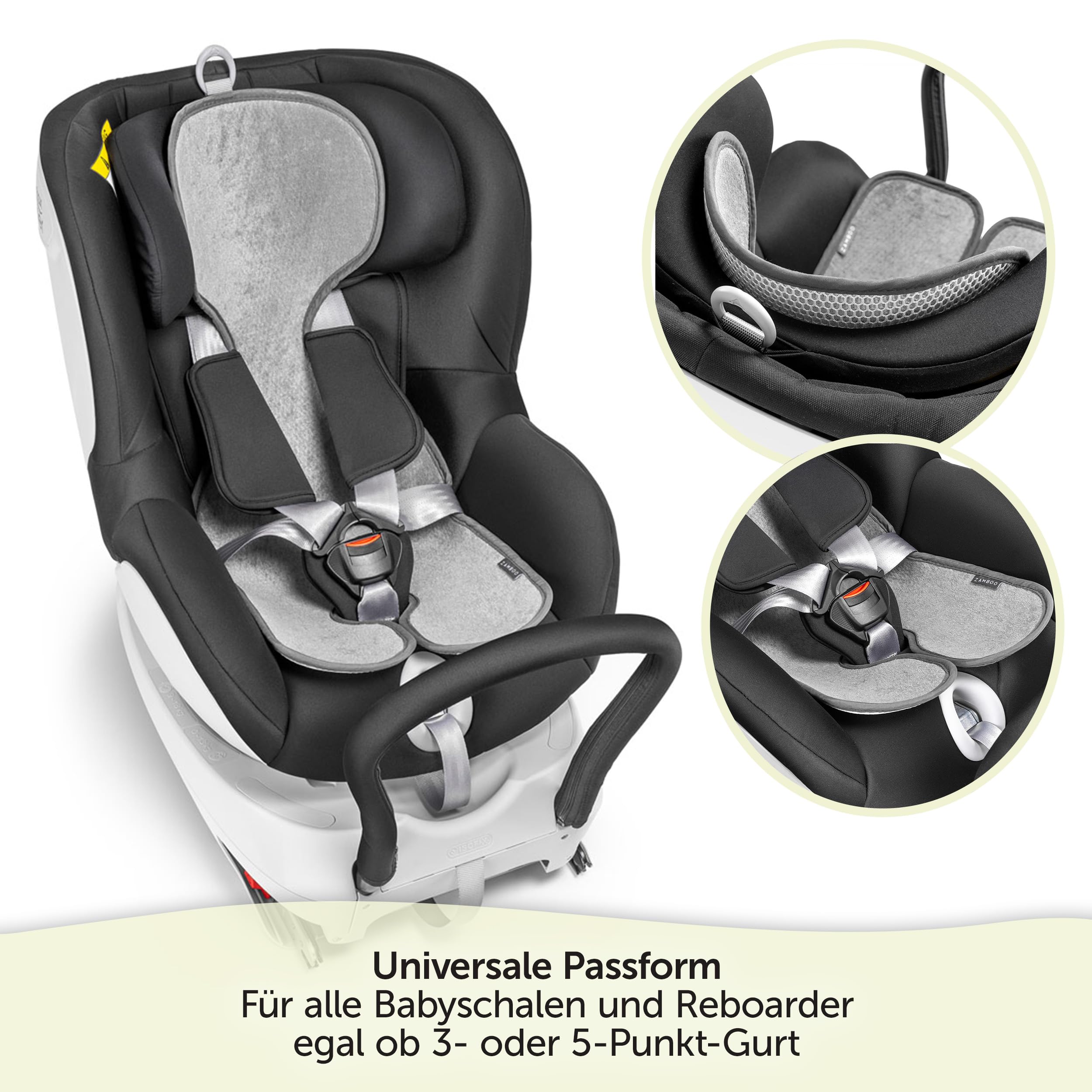 Zamboo Komfort Sitzauflage für Babyschale & Reboarder (passend für Maxi-Cosi, Cybex, Römer) - Atmungsaktive Sommer Sitzeinlage gegen Schwitzen, schont den Kindersitz Bezug - Grau