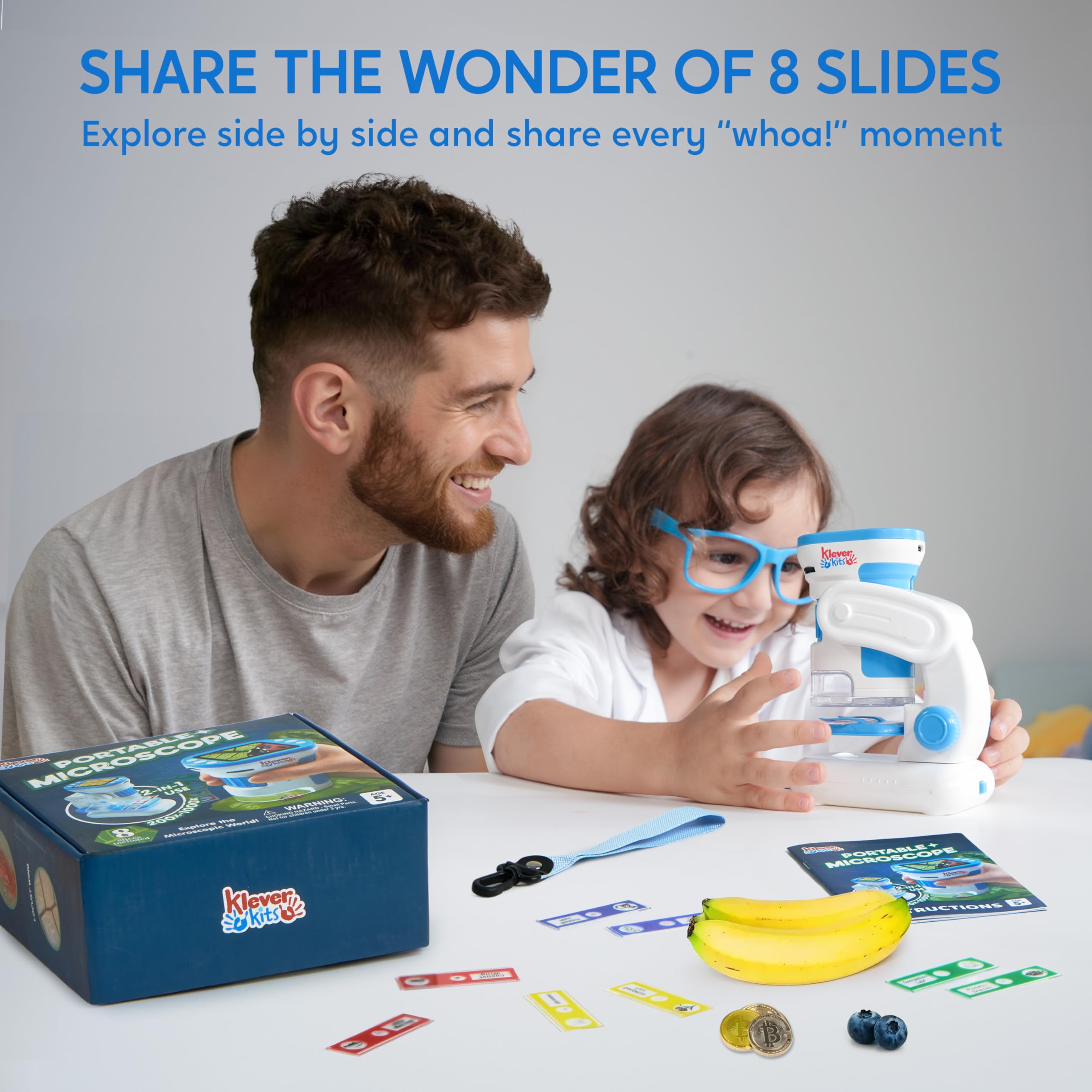 Klever Kits Handmikroskop für Kinder, 2-in-1-Experimentierspielzeug mit tragbarem Mikroskop und 12 Objektträgern, 60- bis 180-facher Vergrößerung, Lernspielzeug für Kinder ab 5 Jahren