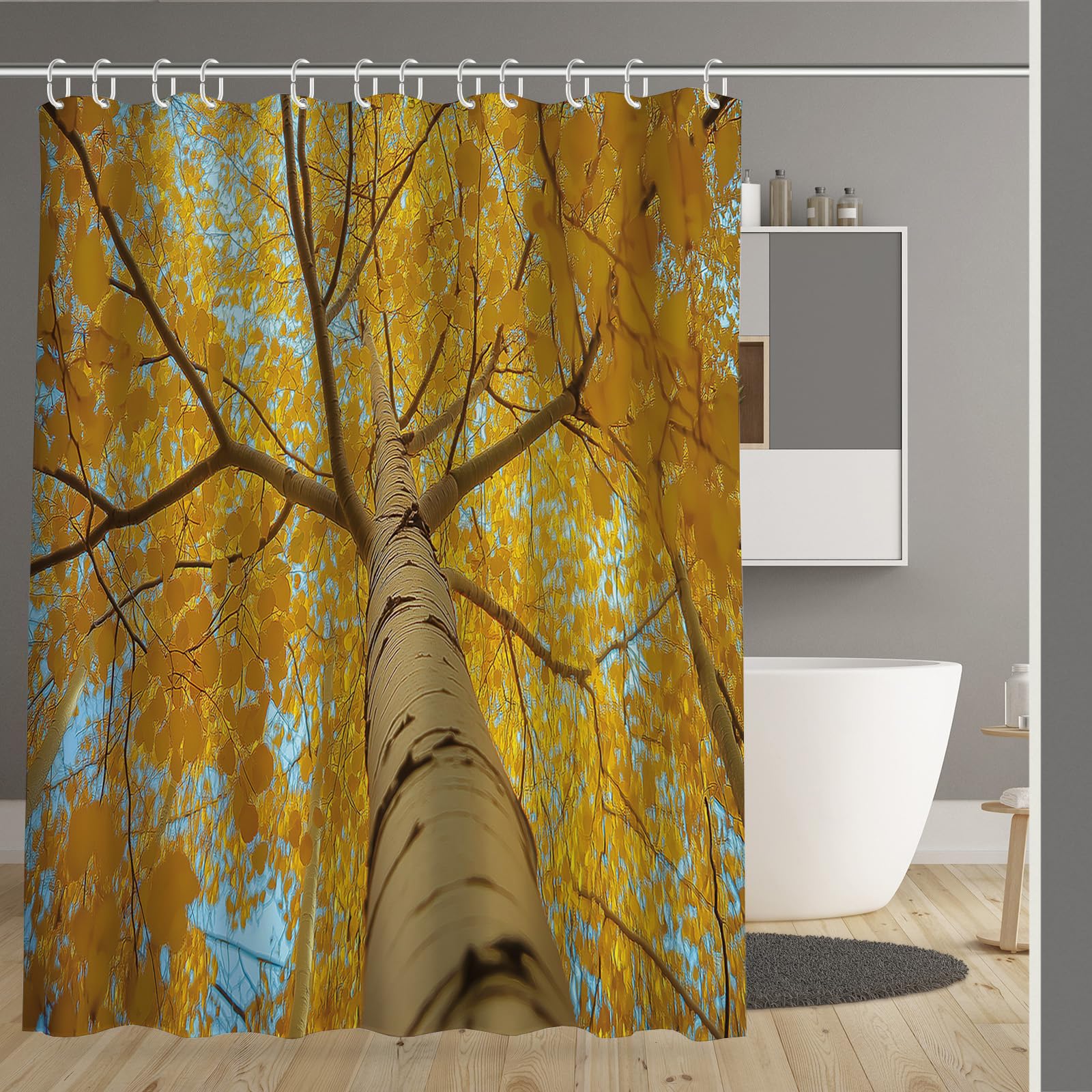 Rideau de salle de bain forêt feuilles jaunes pour créer une ambiance nature zen