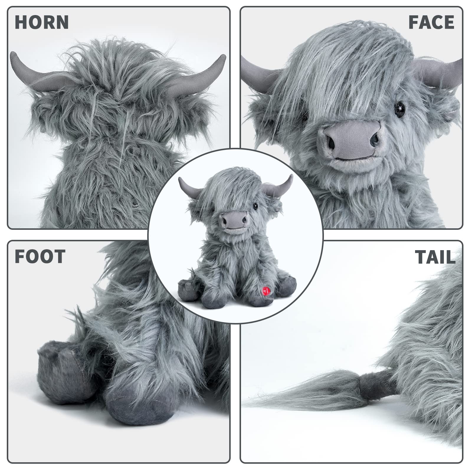Tonpect Grey Cow Plush with Mooing Sound, 10 inch, Soft Cuddly Farm Toy for Boys Girls Gift Decorationï¼ˆGreyï¼‰