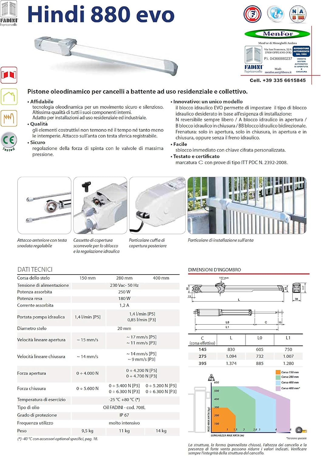Technical specifications and dimensional drawing for Fadini Hindi 880 Evo