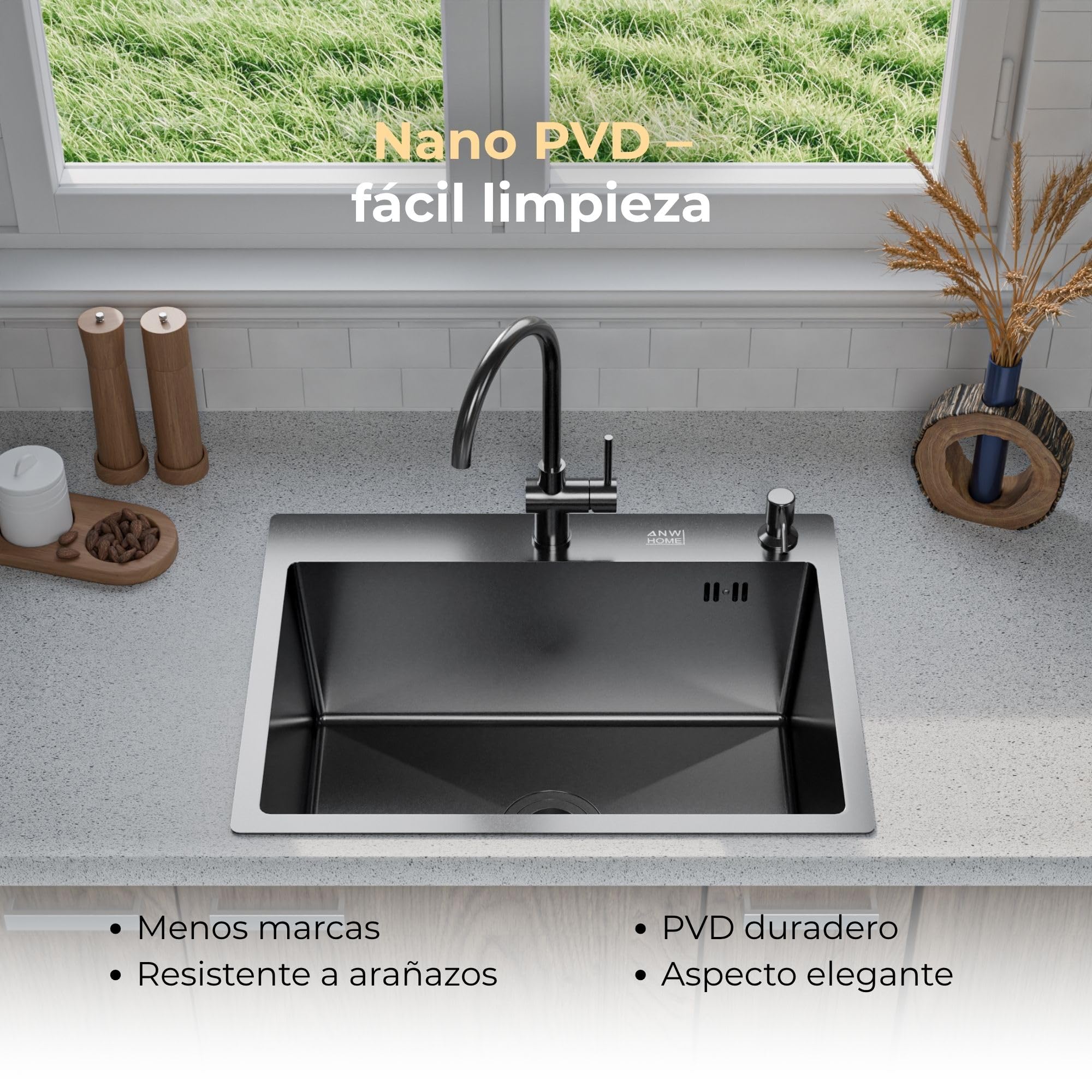 ANW HOME Fregadero Cocina 1 Seno, Acero Inoxidable 60x45 cm, Fregadero sobre Encimera Grafito PVD con Superficie Nano, Grosor 3,0+1 mm, con Sifón Dosificador de Jabón y Cesta