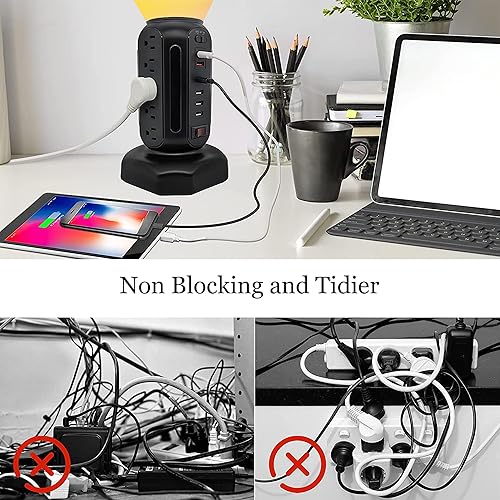 Miniatura 4 de Protección contra sobretensiones de torre eléctrica con 15 tomas de corriente de CA, excelente torre de carga, 4 puertos USB-A y 2 puertos USB-C,