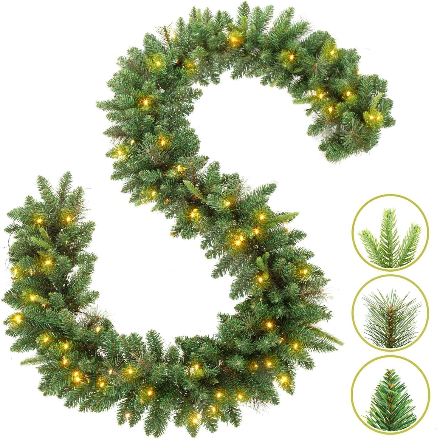 KING BIRD Pre-lit Christmas Garland, 9 FT by 12 Inch, Classic Green Christmas Garland with 50 Warm Lights 300 Branch Tips for Christmas