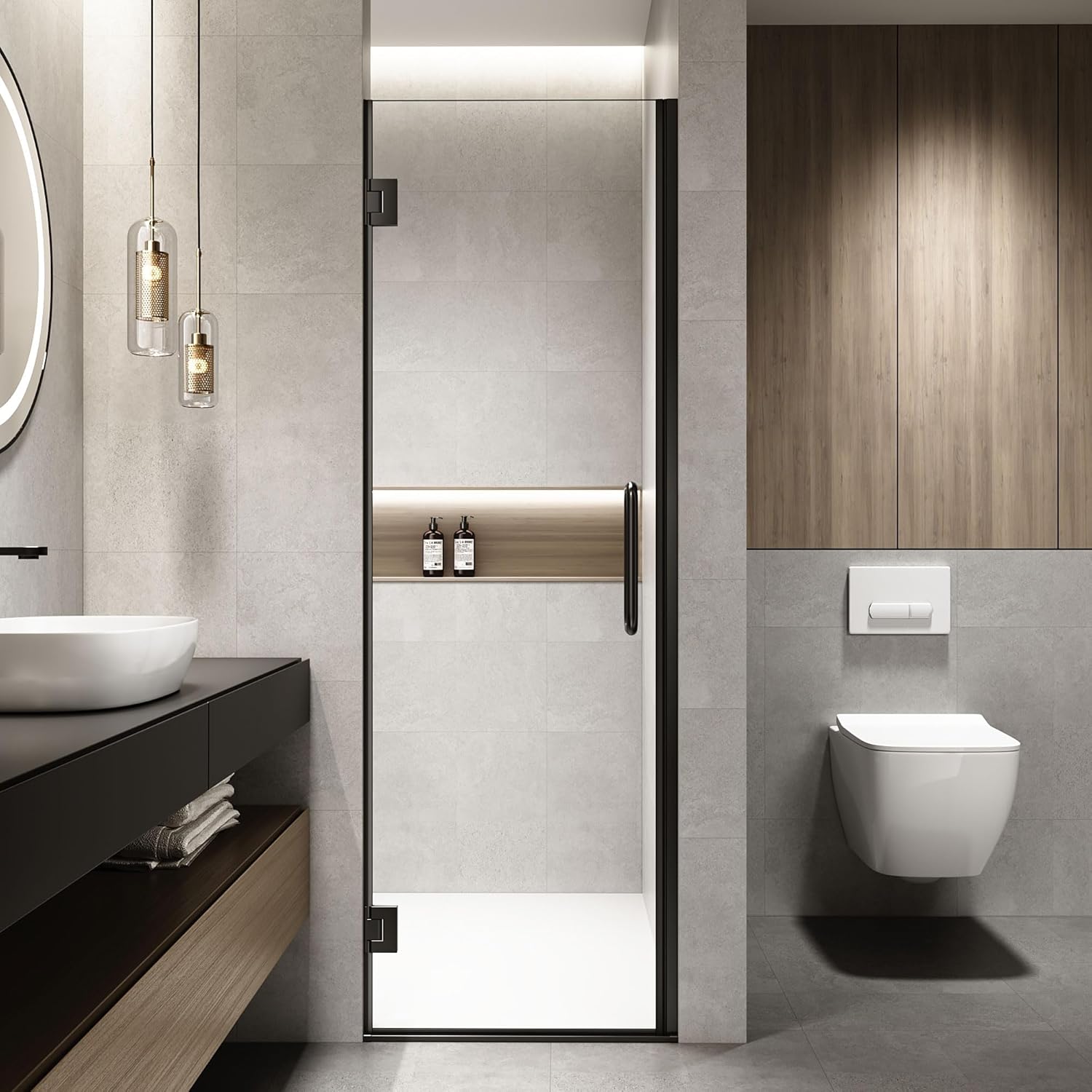 Bathroom Shower Glass Door, 23.9"-24.1" W*72" H 5/16" (8mm) Thick Clear Tempered Glass Door with Handle, Matte Black Hardware