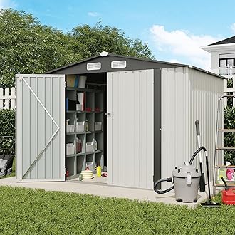 Verano Garden 8x6 FT Outdoor Storage Shed, Galvanized Steel Metal Garden Shed, Double Door W/Lock, Outdoor Storage Tool House for Backyard, Patio, Lawn
