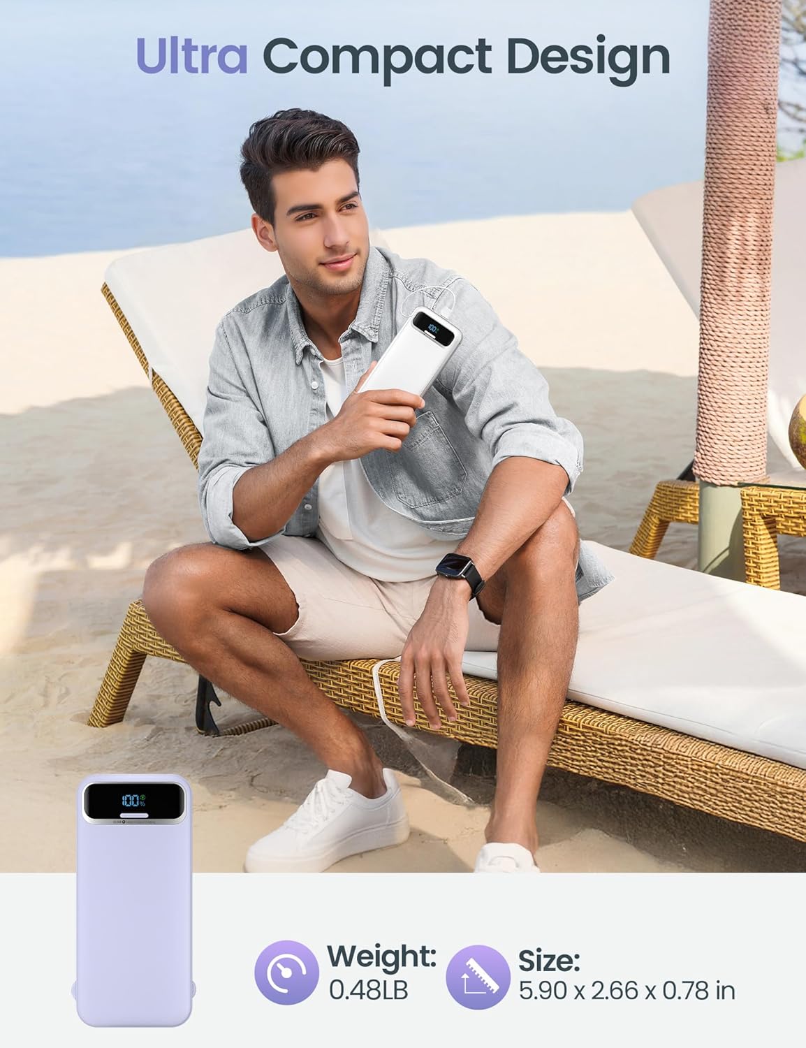 12000mAh Lightweight-Portable-Charger-Power-Bank with Built-in Cables and AC Wall Plug, PD20W USB-C Fast Charging Battery Pack, LED Display External Travel Phone Charger for All iPhone,Samsung,Android - Image 8