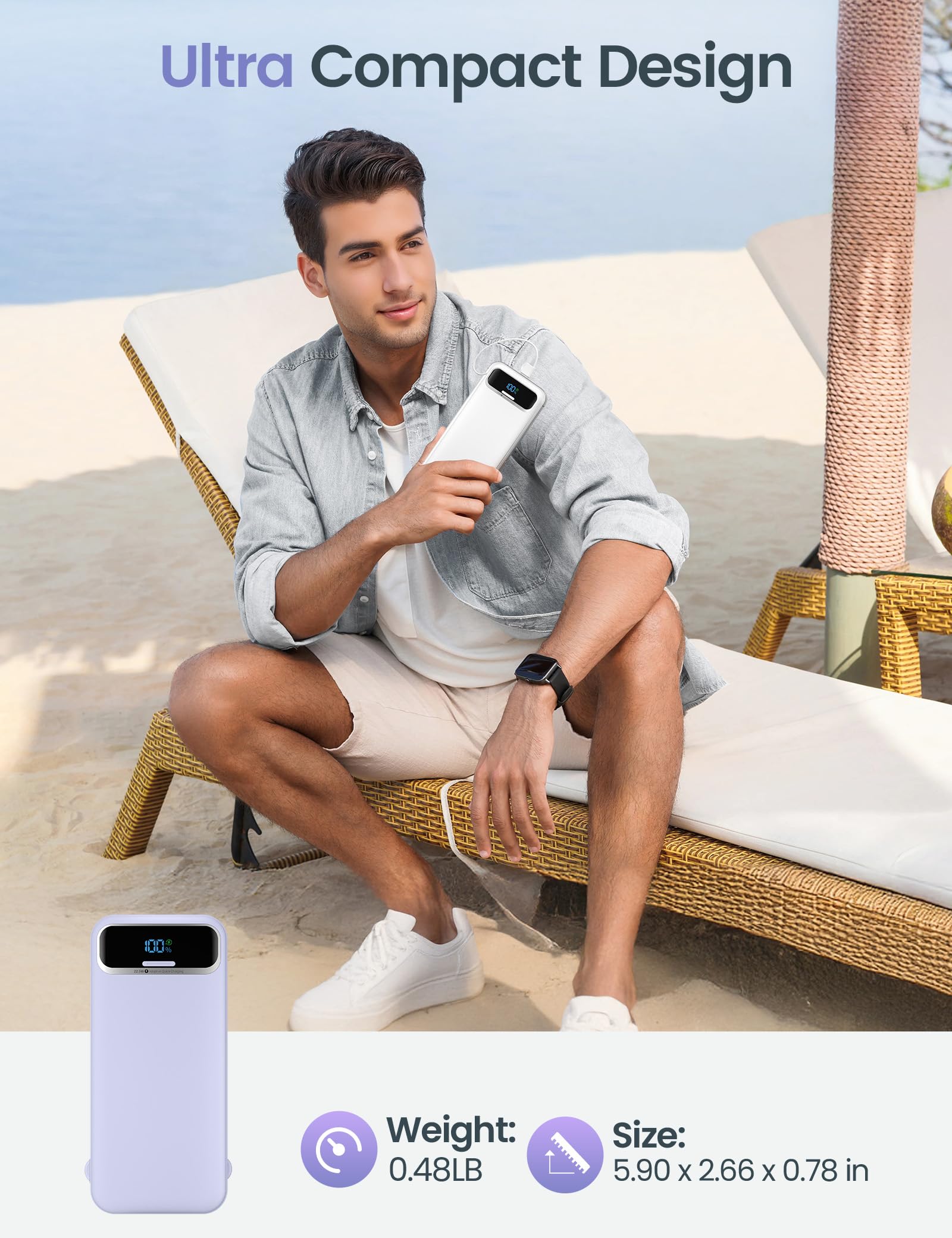 Caricabatterie portatile leggero da 12000 mAh con cavi integrati e spina a muro AC, batteria di ricarica rapida USB-C PD20W, display a LED, caricabatterie esterno da viaggio per tutti gli iPhone