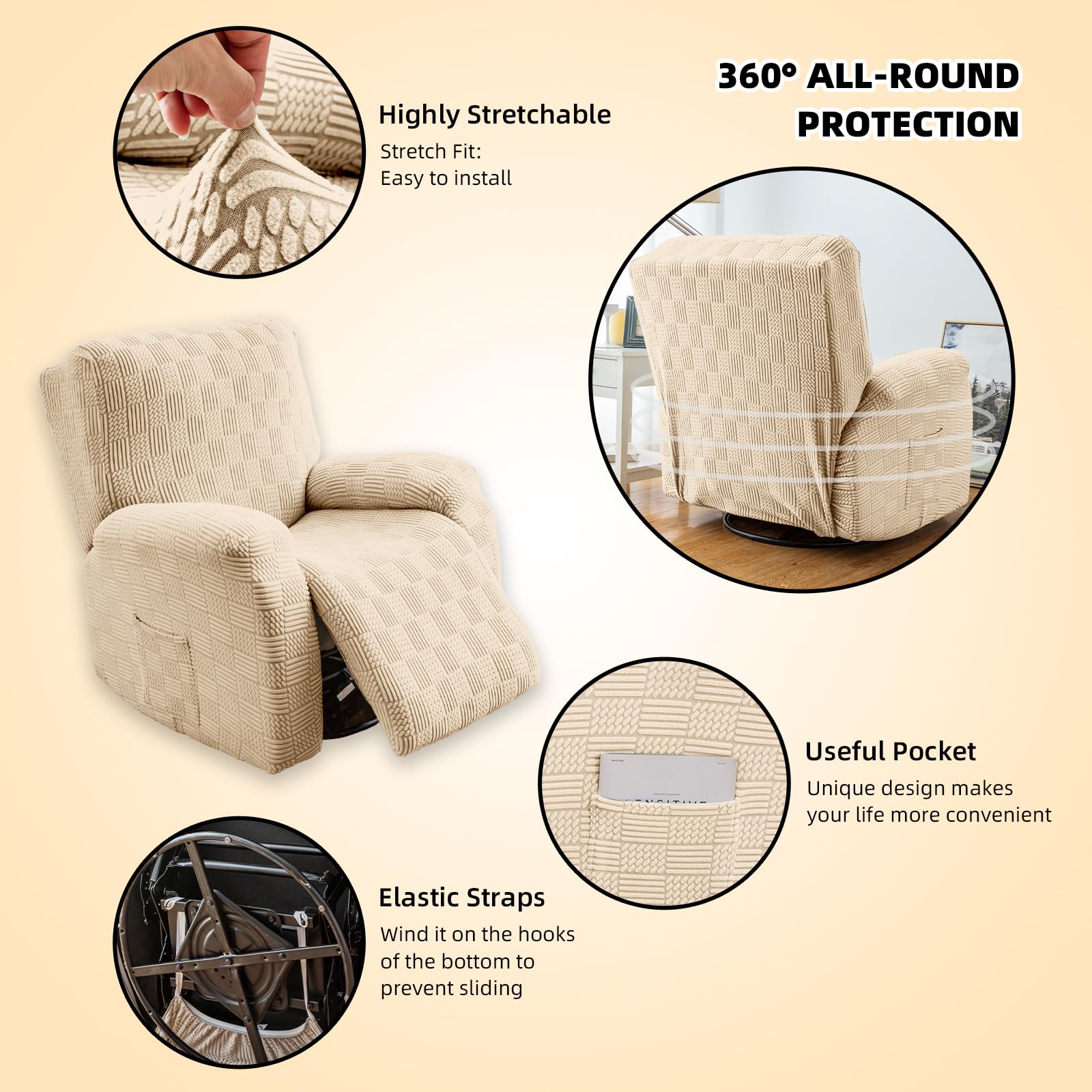 OKYUK Fodera per poltrona Relax, ad alta elasticità per poltrona relax reclinabile, 4 pezzi, con tasche laterali, estraibili e lavabili fodere protettive (beige riga)