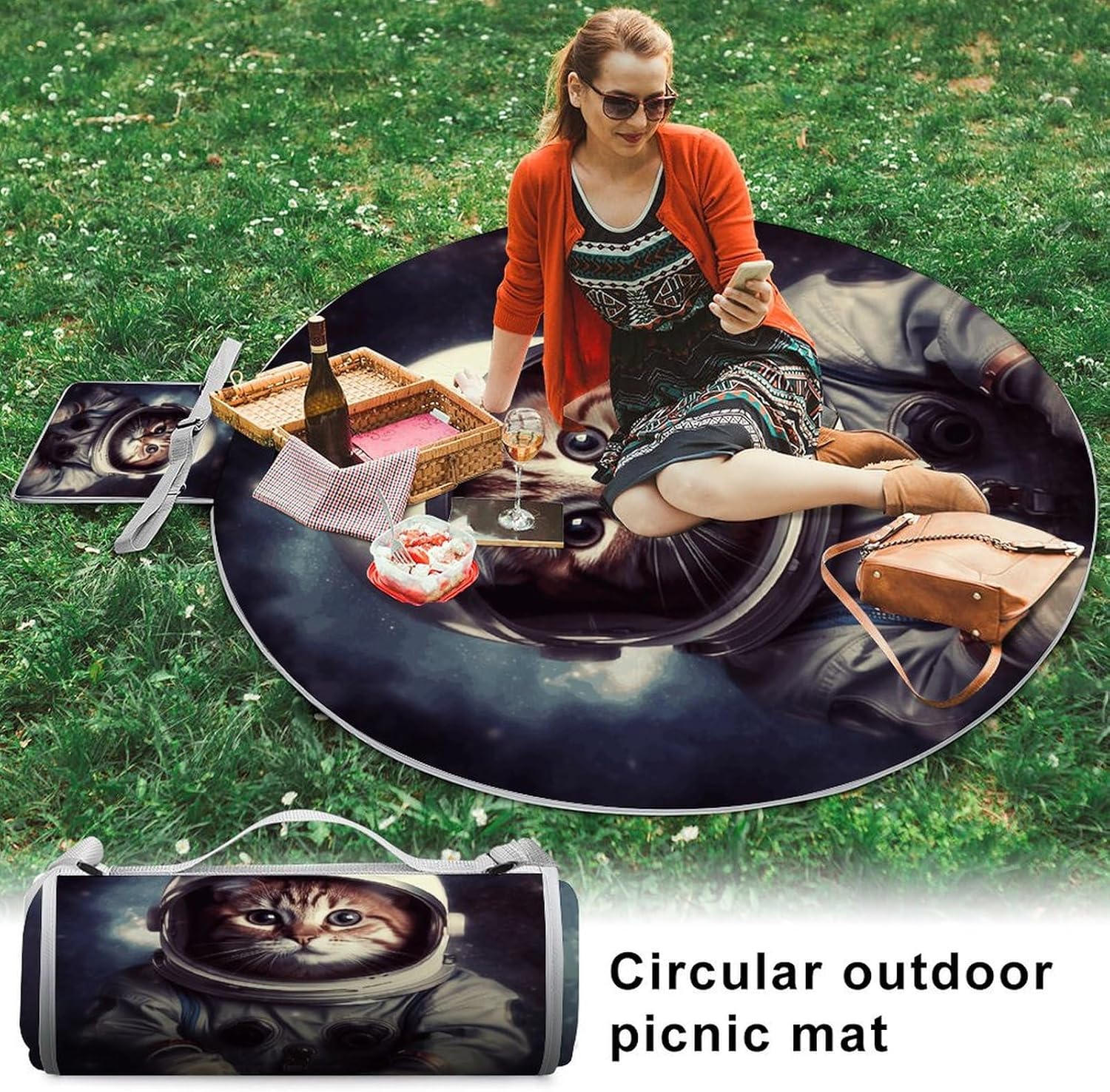 Animal Cat Astronaut Picnic Blankets, 3 Layer Picnic Mat,Foldable Lightweight Camping Blanket for Camping, Hiking,Beach,Grass