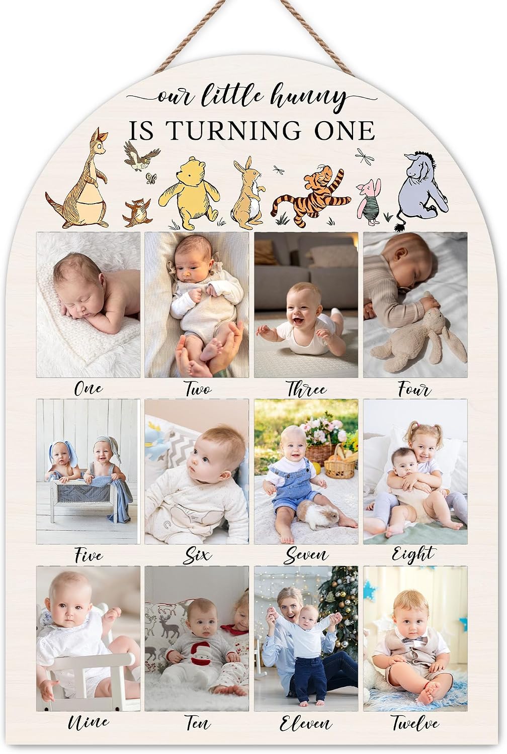 Winnie My First Year Photo Board, Our Little Hunny is Turning One Baby Monthly Milestone Sign, Wooden Picture Board for 12 Photos, Boys Girls Baby 1st Birthday Keepsake Gifts Decorations-A02