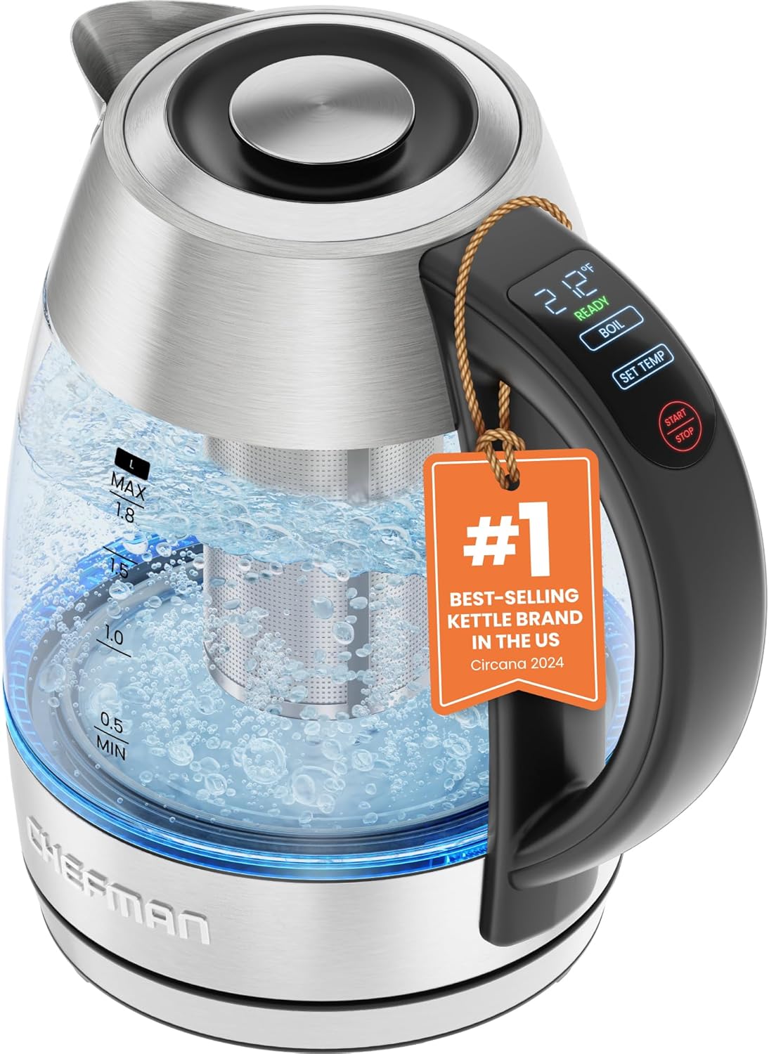 CHEFMAN Lightning High-Powered Electric Kettle, 1.8L 1750W, Rapid Boil 2 Cups in 2 Minutes, BPA Free Cordless Tea Kettle with Digital Temperature Control and 1-Hour Keep Hot – Stainless Steel CHEFMAN Lightning High-Powered Electric Kettle, 1.8L 1750W, Rapid Boil 2 Cups in 2 Minutes, BPA Free Cordless Tea Kettle with Digital Temperature Control and 1-Hour Keep Hot – Stainless Steel