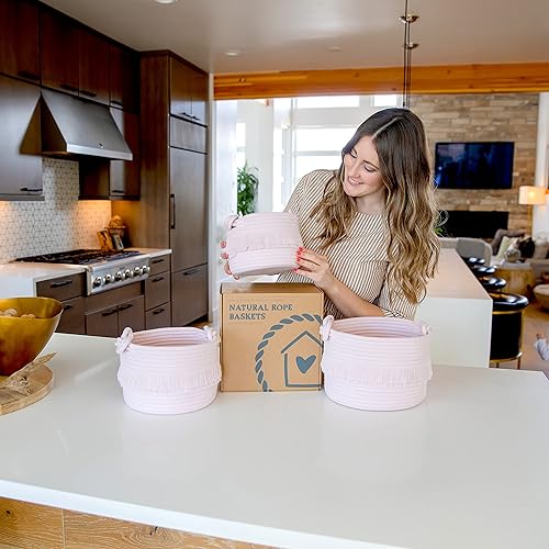 Miniatura 7 de NaturalCozy Juego de cestas de almacenamiento de decoración bohemia de 3 piezas, cestas tejidas de cuerda de algodón para organizar. Cesta pequeña