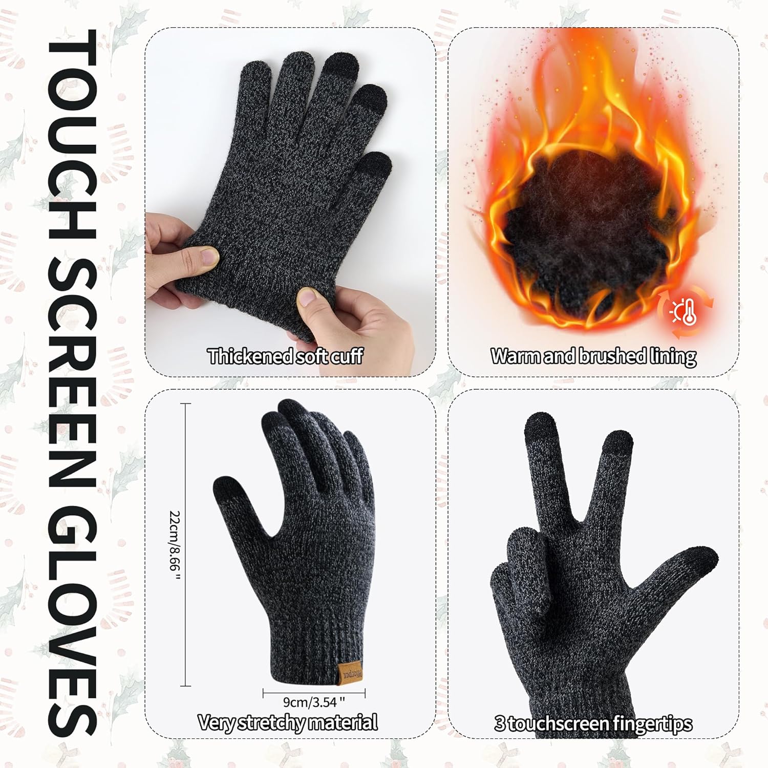 Mens Winter Beanie Hat Touchscreen Gloves Long Scarf 3 Set with Warm Fleece Lined Knit Cap Scarves for Men Women - Image 3