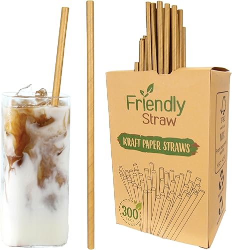 Friendly Straw Paquete de 300 pajitas de papel kraft biodegradables, pajitas de papel para beber de 7.75 x 0.25 pulgadas, pajitas de papel marrón a