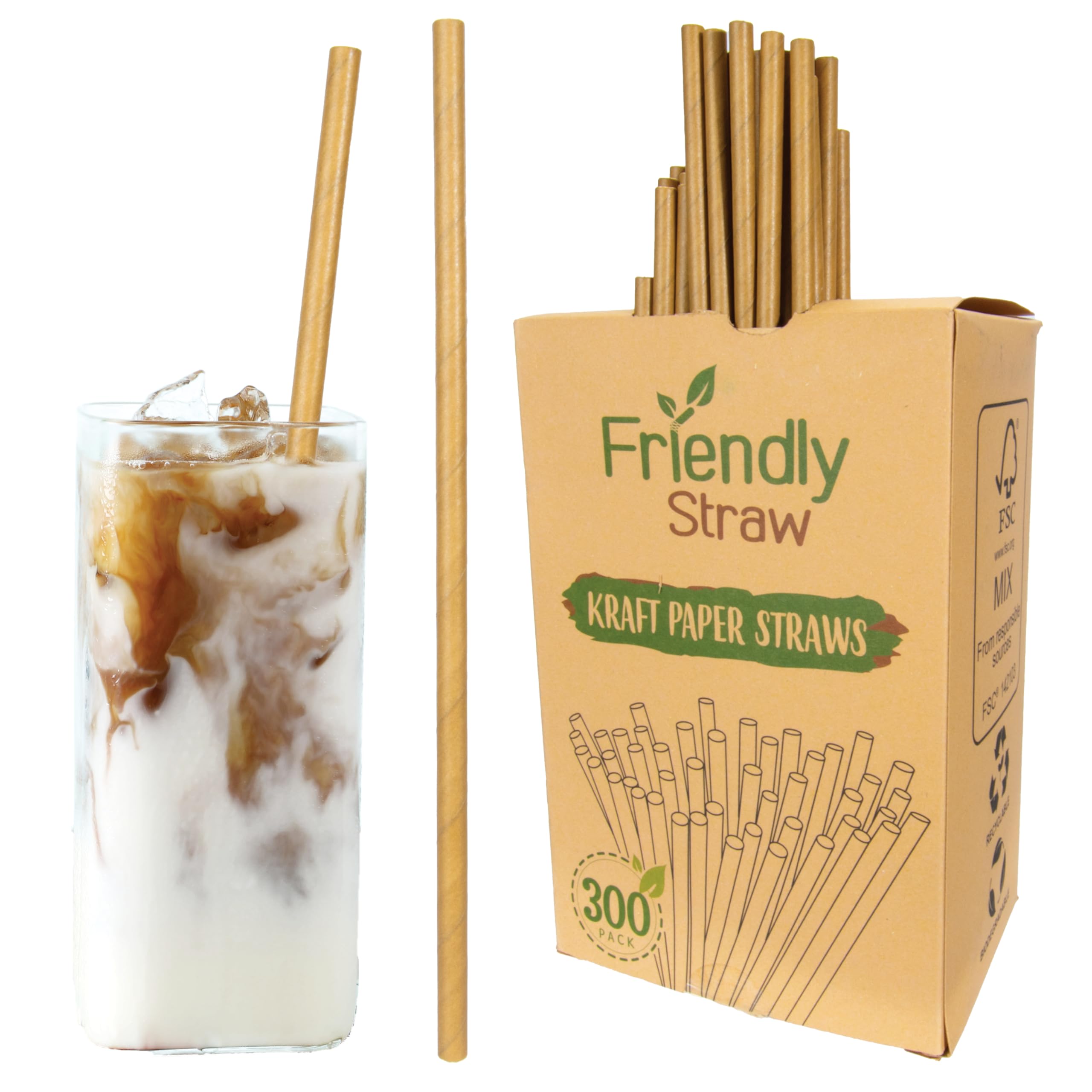 Friendly Straw Paquete de 300 pajitas de papel kraft biodegradables, 19,7 x 63,5 cm