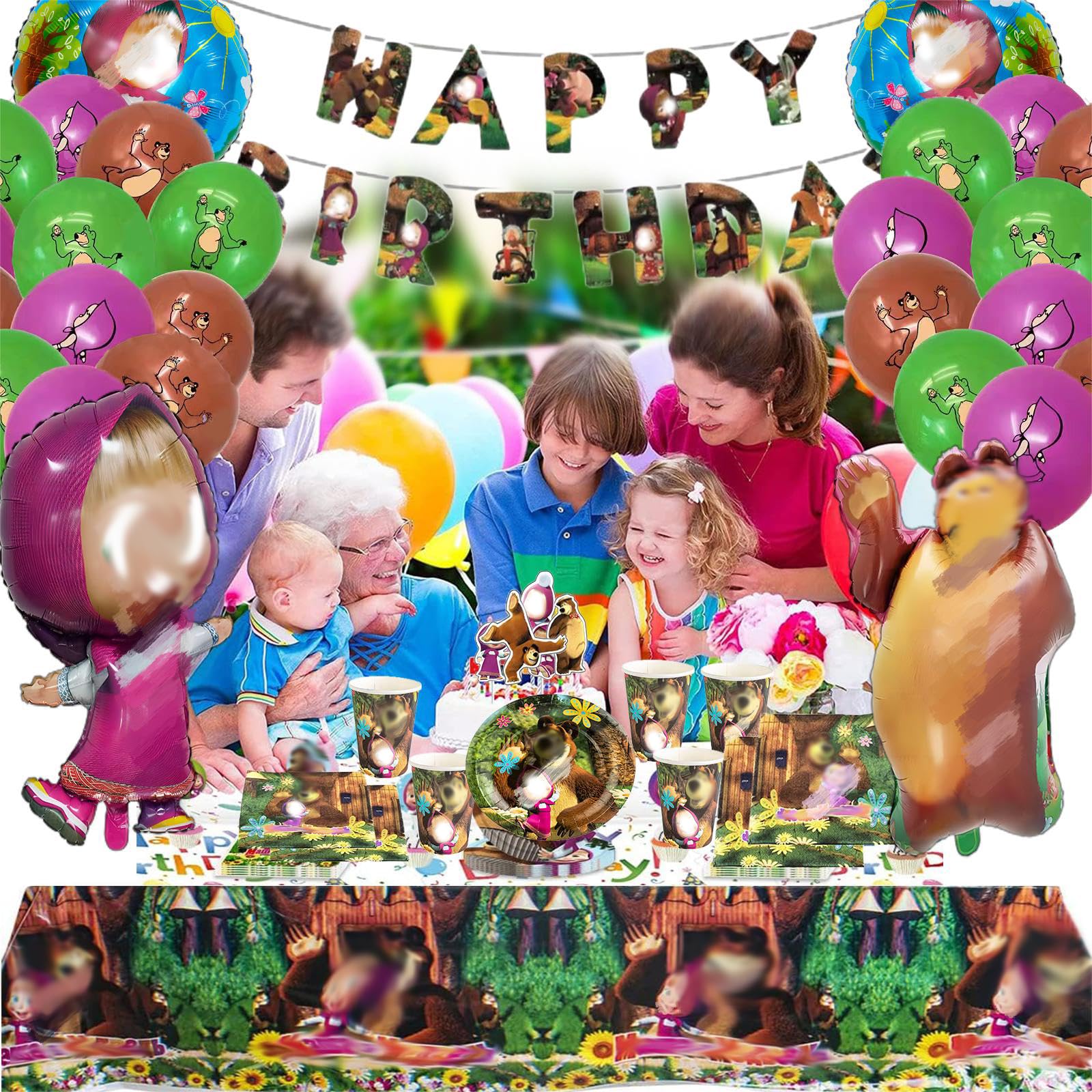 129 Pezzi Stoviglie Compleanno Per 20 Clienti, Orso Compleanno, Addobbi C-ompleanno, Orso C-ompleanno Palloncini Piatti Bicchieri di Carta Tovaglioli Tovaglia