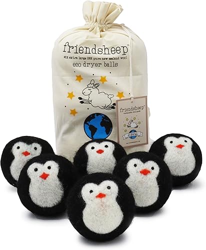 Friendsheep Bolas de secado de lana suavizante orgánico de tela reutilizable de comercio justo extra grandes paquete de 6 pingüino negro Cool Friends