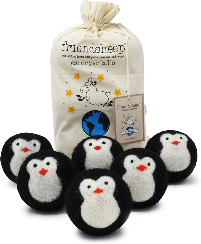 Friendsheep Wool Dryer Balls, Organic Fair Trade Reusable Fabric Softener, Extra Large, 6 Pack, Black Penguin - Cool Friends