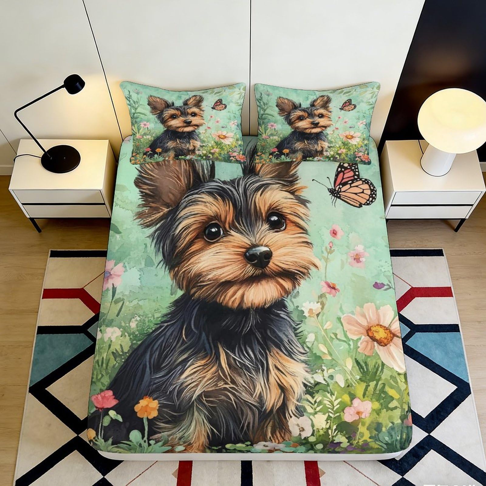 3D Printed Yorkshire Terrier Butterfly Fitted Sheet Microfiber Soft Non-slip Bed Cover for Bedroom Dorm Mattress Decor 90x200x25cm