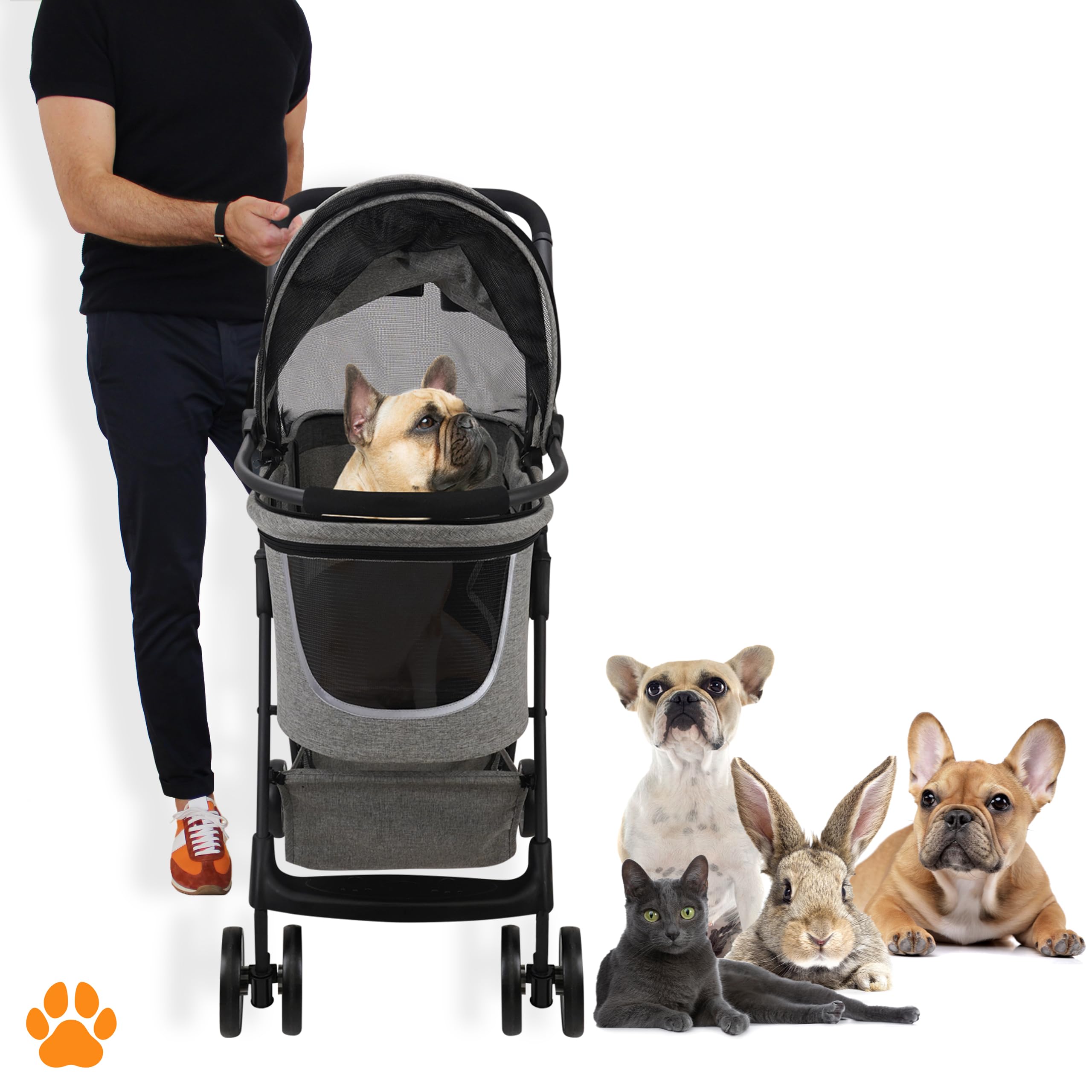 Mod. CECE 2 in 1 - Passeggino per animali, con cestino per spesa o accessori, pieghevole con una mano, utilizzabile col telaio della carrozzina o staccabile come trasportino, grigio melange