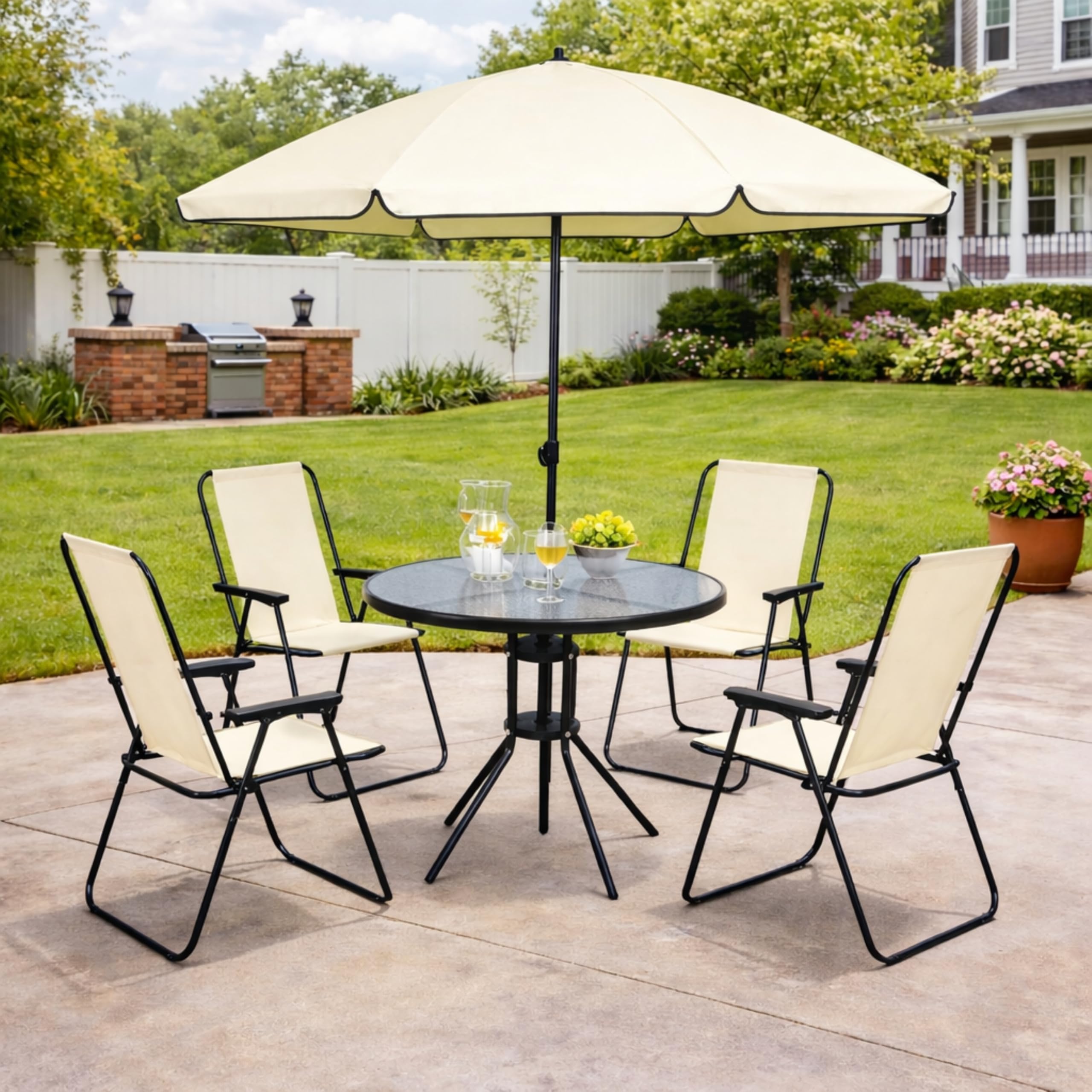 Garden Mile Cream Outdoor Dining Set 4 Seater with Parasol – Folding Garden Table & Chairs, Patio Furniture Set with Glass Top Table, Compact Balcony & Terrace Furniture