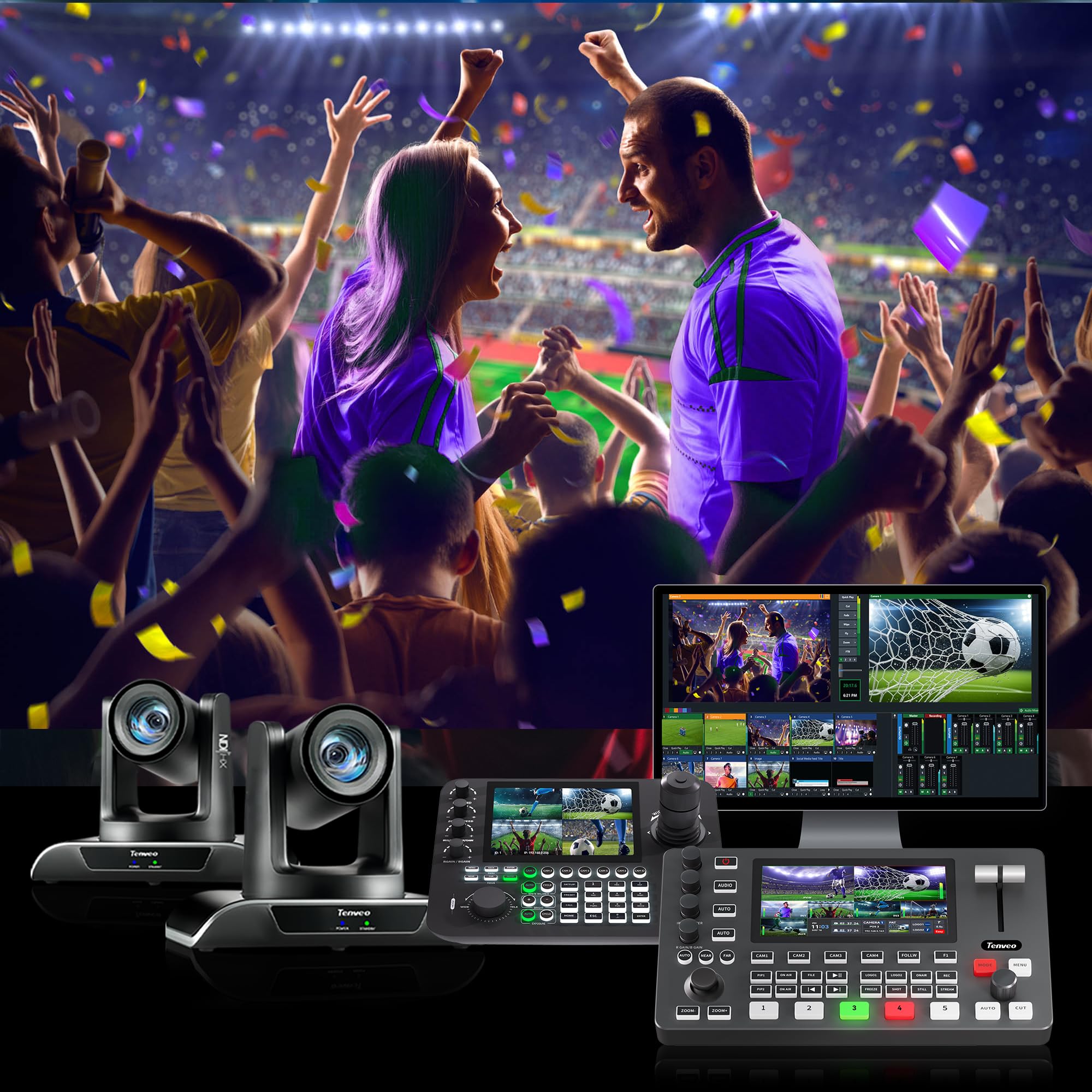 Tenveo Video Mixer Switcher, 4K 60FPS Live-Streaming-Videomischer, 5,5-Zoll-FHD-Bildschirm, 4X SDI und 4X HDMI Eingänge, 1080P 60FPS Ausgang, USB-Aufnahme, PTZ-Kamera- und Controller-Unterstützung