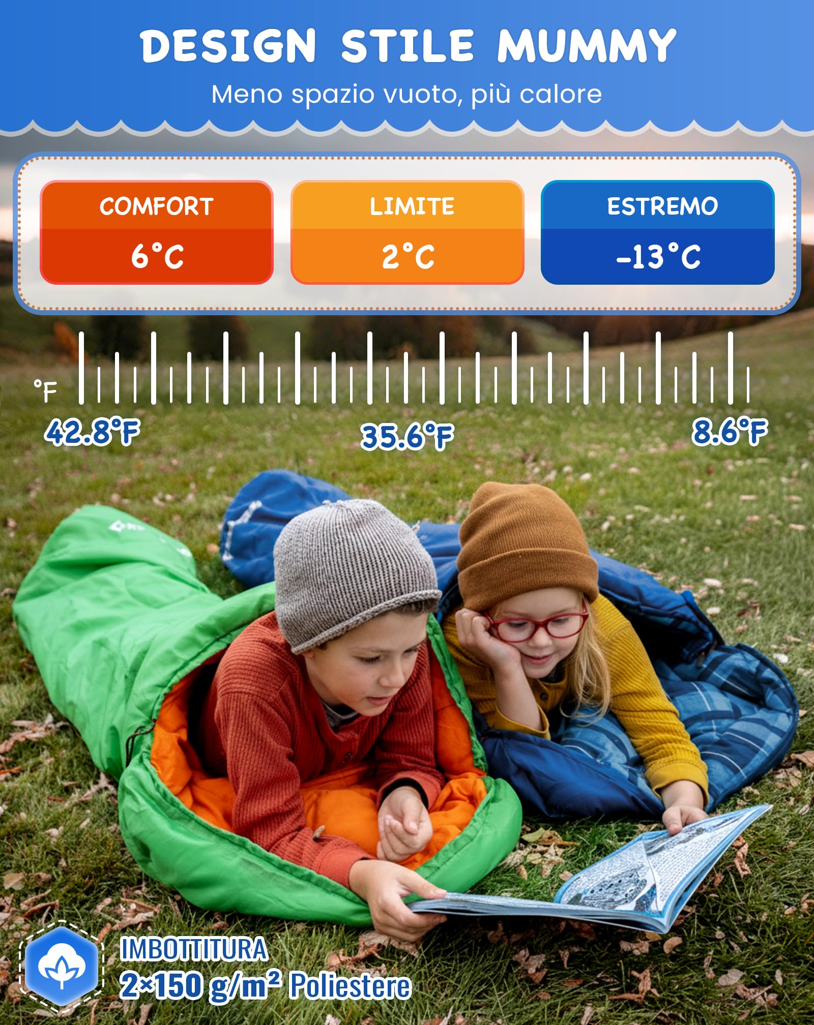 KingCamp Sacco a pelo invernale per bambini in flanella di cotone | Sacco a pelo a mummia per bambini 10-12 anni: caldo, comodo e idrorepellente – ideale per campeggio e viaggi all'aperto