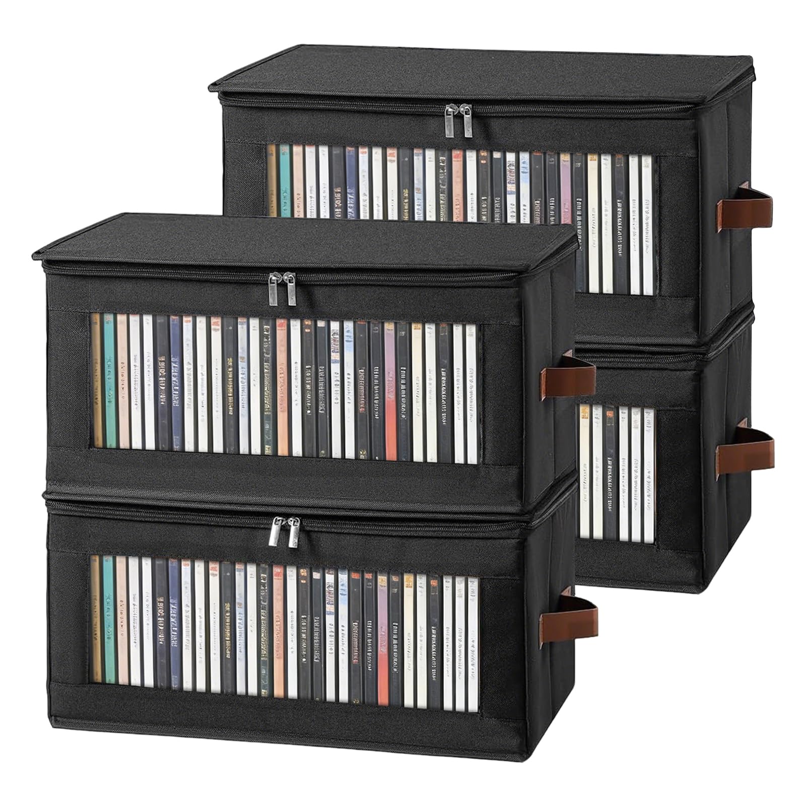 Pack of 4 DVD Storage Box,43.5*22*22 CM DVD Storage Case with Zipper Lids and Window,Container Holds 50 DVDs in Full Jewel Cases,85 DVDs in Slim Cases and 220 Discs in CD Sleeves,Organizer for CD&DVD