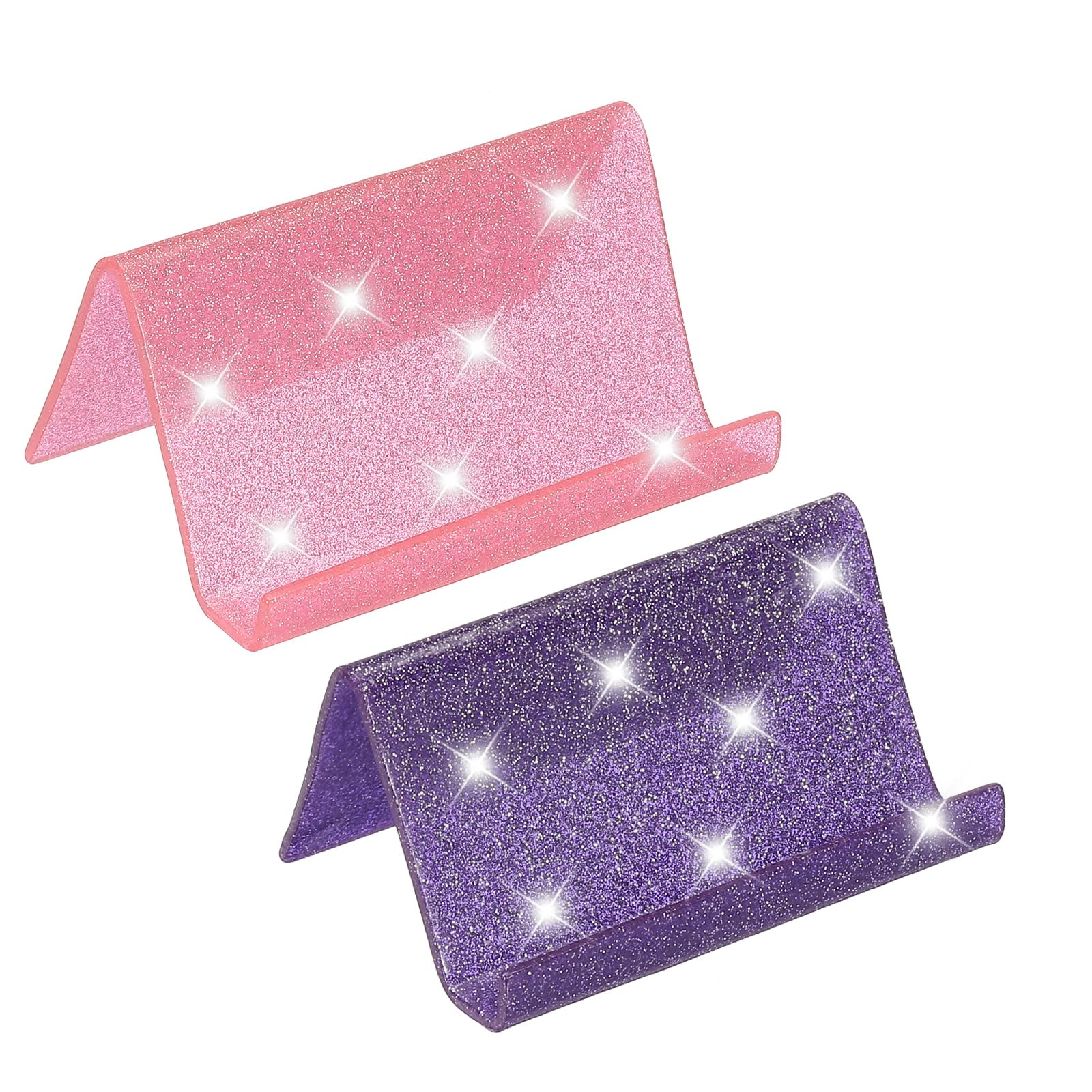 PATIKIL Business Card Holder for Desk 2Pcs Acrylic Business Card Holders Shine Card Stand Organizer Cards Display for Office Exhibition Pink/Purple