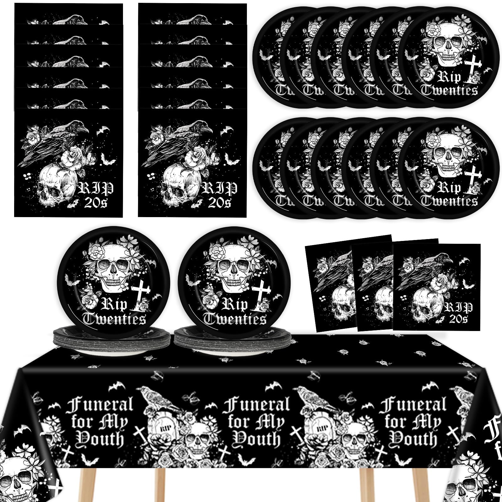 Death to My 20s Party Supplies Serves 24 Rip To My 20s Birthday Decorations Party Paper Plates Napkins 30th Birthday Disposable Tablecloth Set Tableware Kit for My Youth Funeral Party