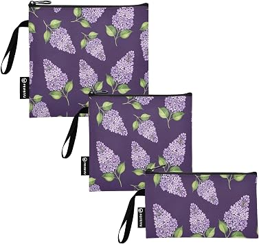 Lilac Lavender Flowers Purple Snack Bag and Sandwich Bags Reusable Washable Fabric Food Storage Pouch with Zipper for Kids Students Adults Set of 3 S/M/L